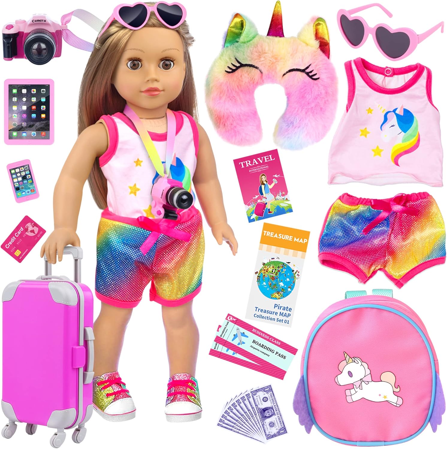 UNICORN ELEMENT 23 Pcs 18 Inch Girl Doll Accessories Suitcase Travel Set Including Clothes Suitcase Backpack Camera Ipad Cell Phone Neck Pillow Sunglasses and Other Travel Set