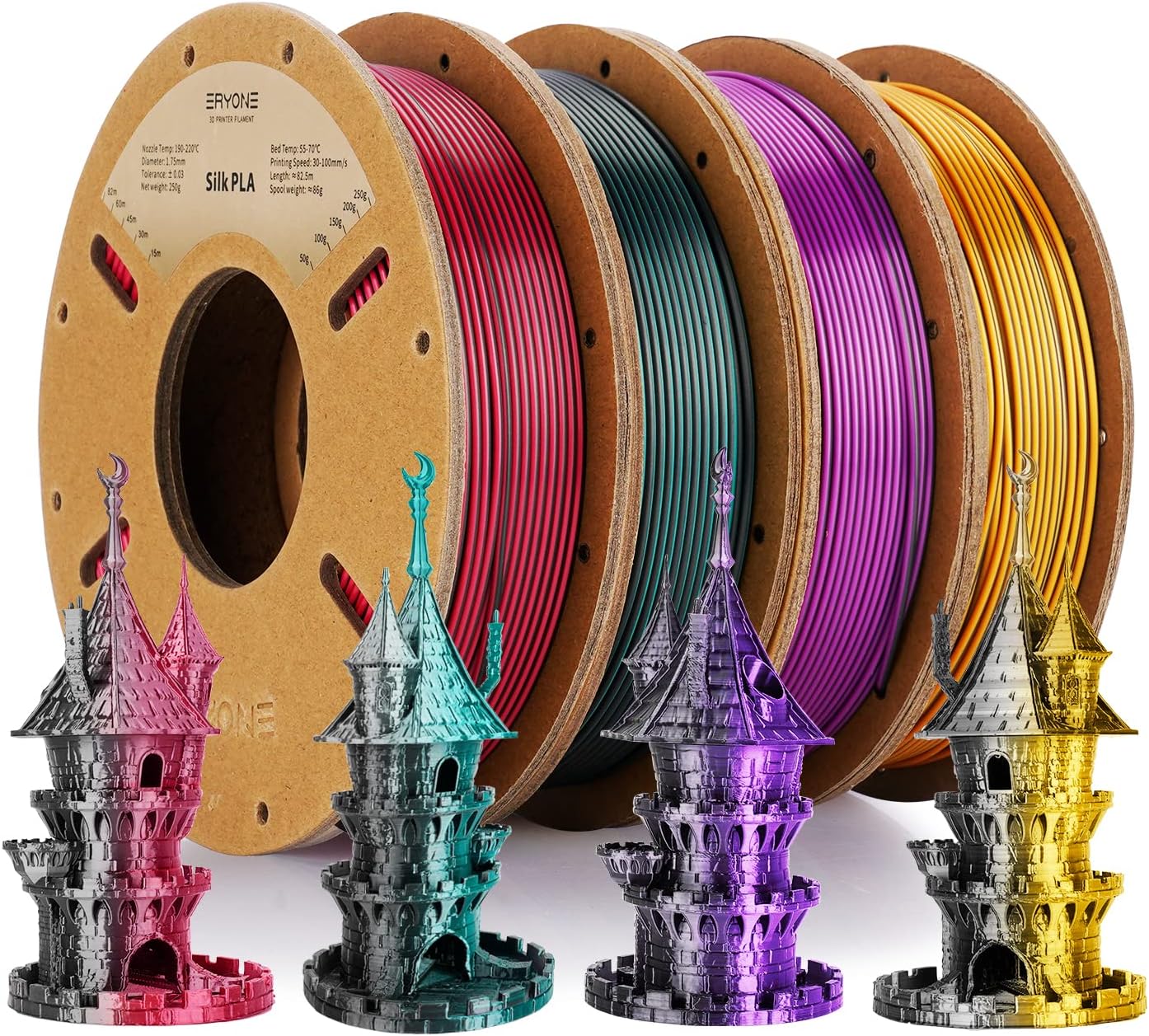 ERYONE Silk Dual Color Filament PLA 3D Printer 1.75mm, -0.03mm, Color Change PLA Shiny Filament 0.25kg/Spools,4Pack(2.2lbs), Black&Green,Black&Rose,Black&Purple,Black&Gold (EU-701-166-002)
