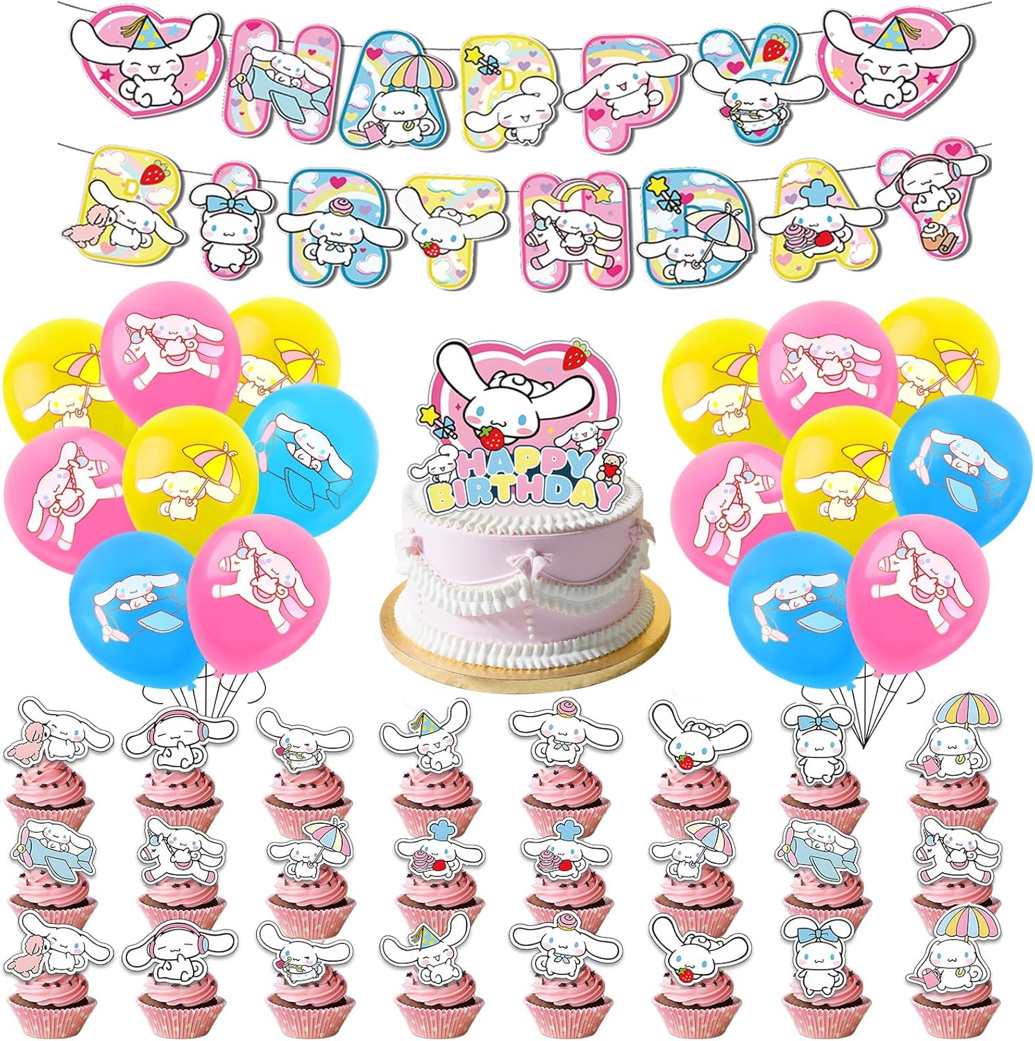 44PCS Cinnamo-roll Birthday Decorations, Party Decorations With Banner Latex Balloons Cake Topper Cupcake Toppers, Cartoon Theme Birthday Party Supplies for Kids Baby Shower