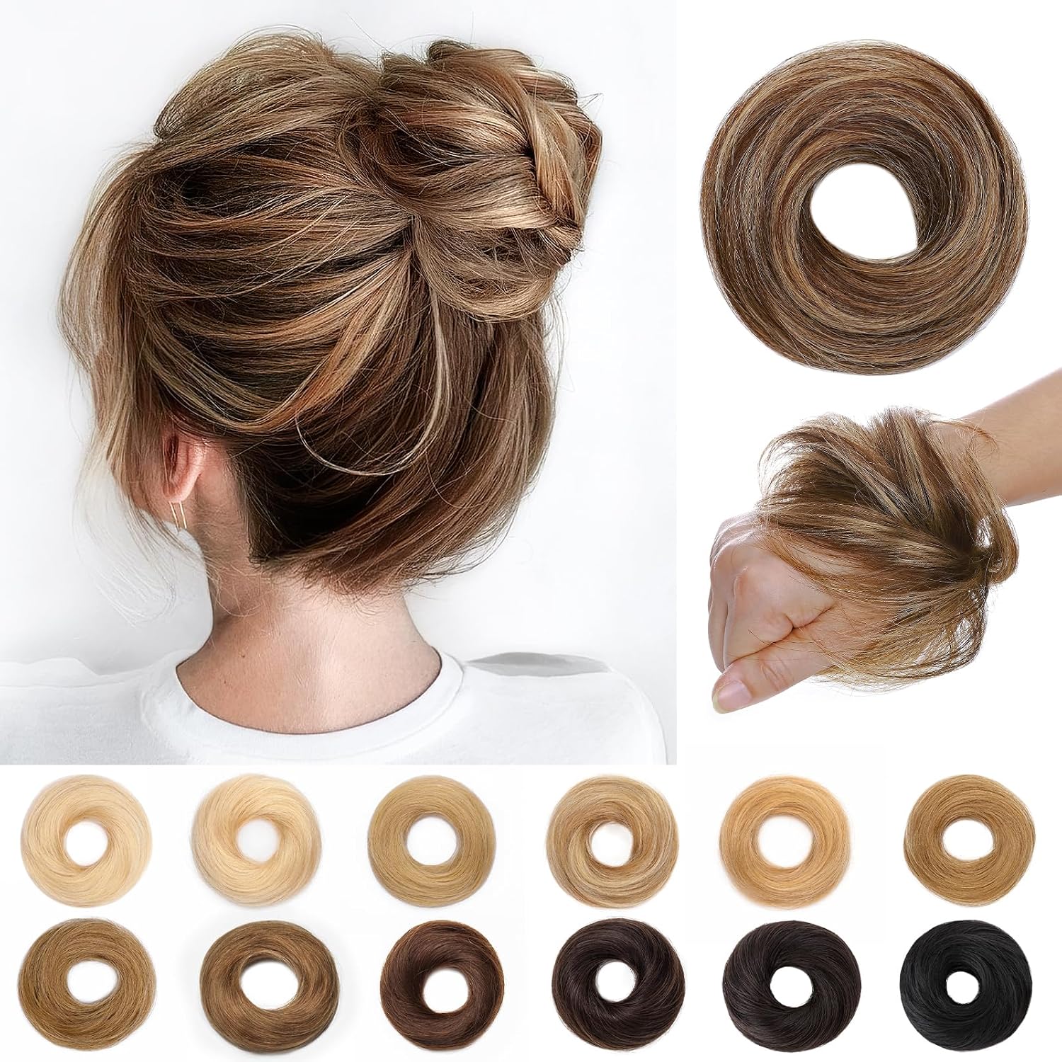 Messy Bun Hair Piece Human Hair Medium Brown Mixed Dark Blonde