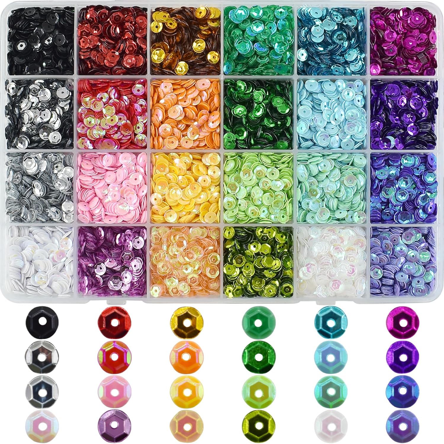 6mm Loose Cup Sequins, 24 Colors Bulk Rainbow Round Sequin Iridescent Embroidery Sequins for DIY Craft Sewing Nail Festival Costume Decoration, 11000pcs