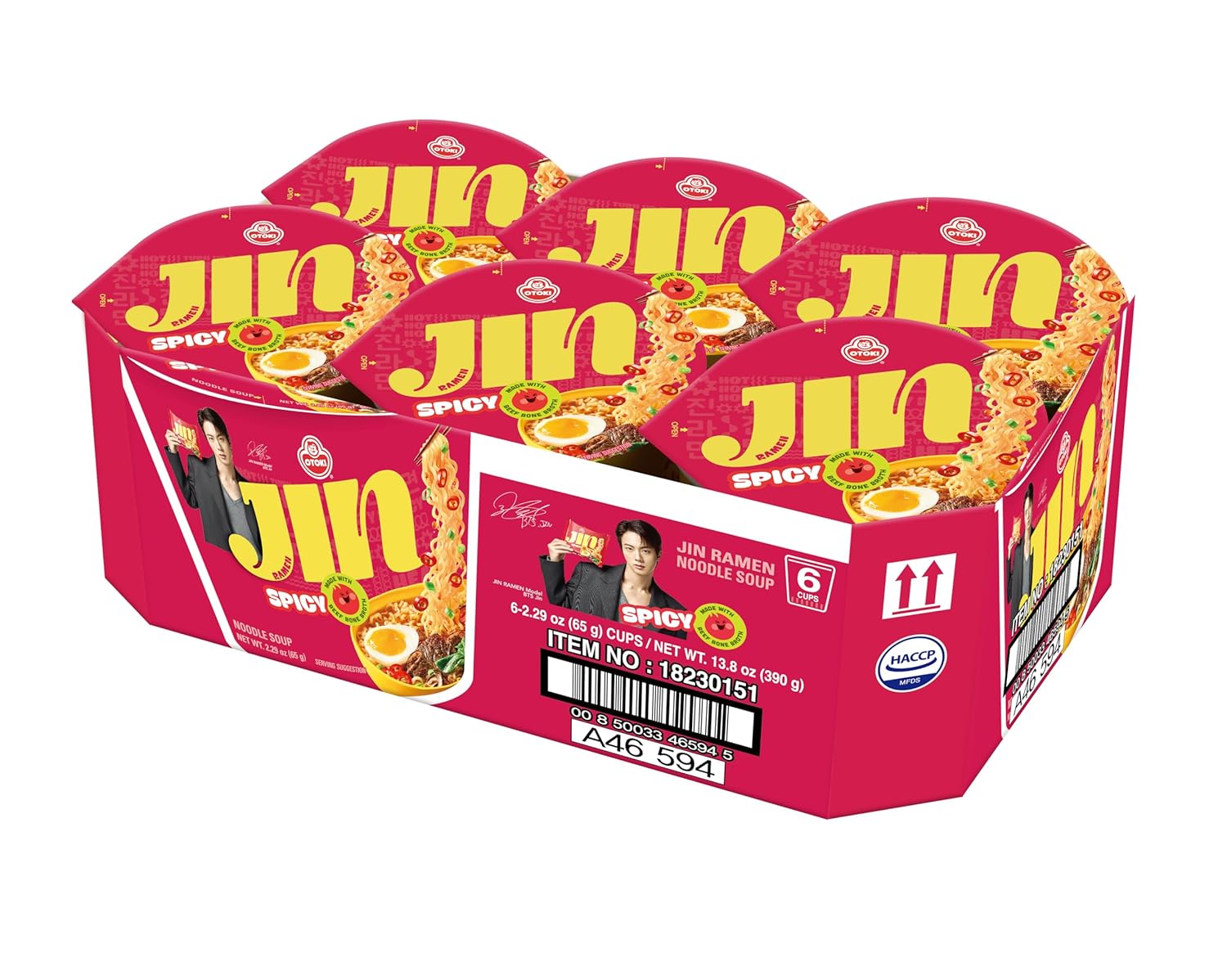 OTOKI Jin Ramen Spicy Cup Noodles, BTS Jin & JIN Ramen Edition, Authentic Korean Instant Noodles with Spicy & Rich Beef Bone Broth, Ready in 4 Minutes 2.29oz x 6 Pack
