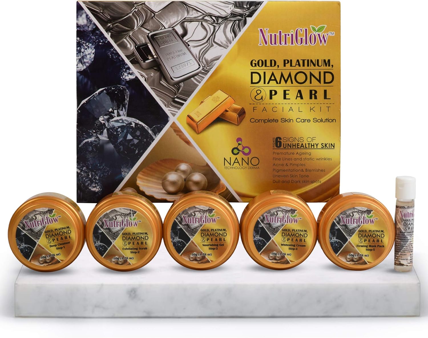 Nutriglow Platinum Diamond Gold and Pearl Facial Kit 6-Pieces Skin Care Kit for Women, 250 Gm+10Ml