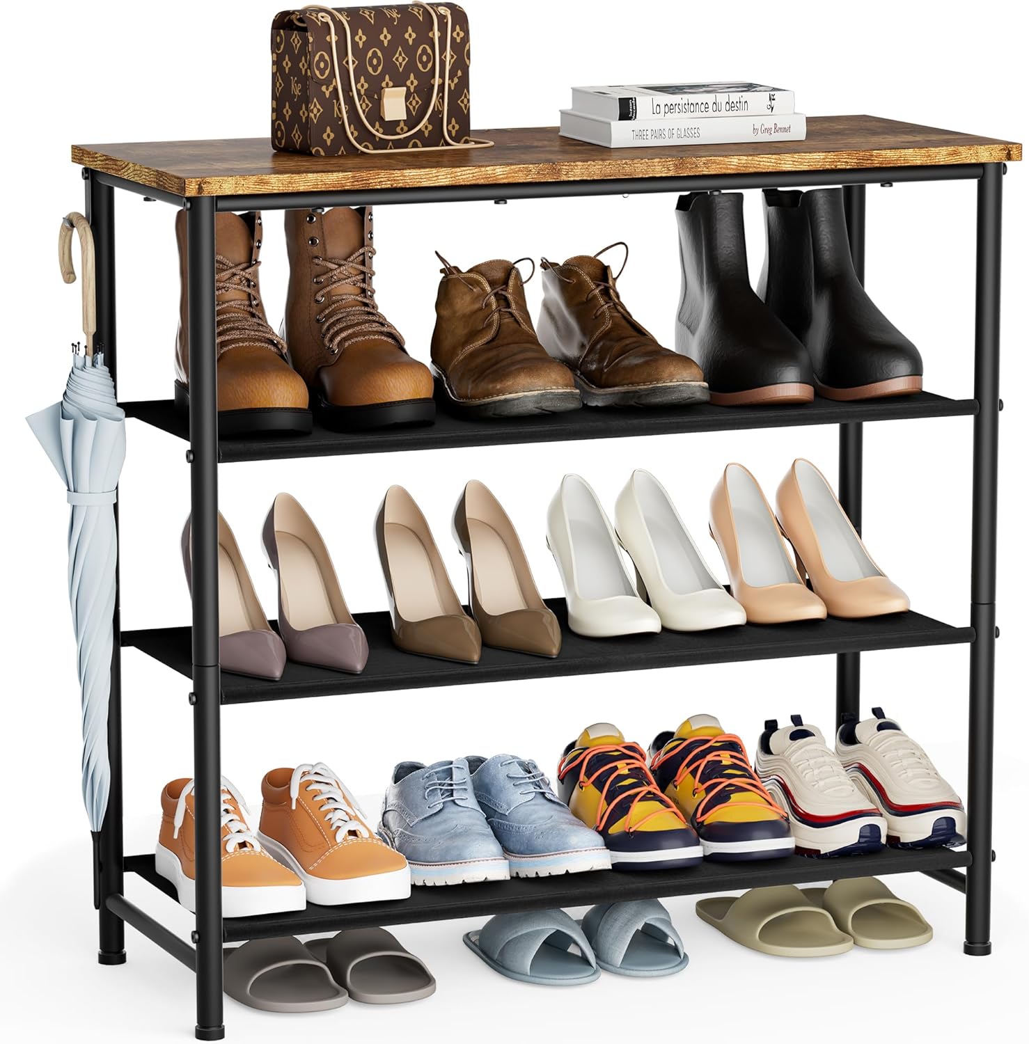 HOMIDEC Shoe Rack, 4-Tier Shoe Storage Shelves with Wooden Top, Shoe Organiser for 12-16 Pairs of Shoes, Dust-proof Fabric Shelves for Flats, Boots, Heels, Sneakers