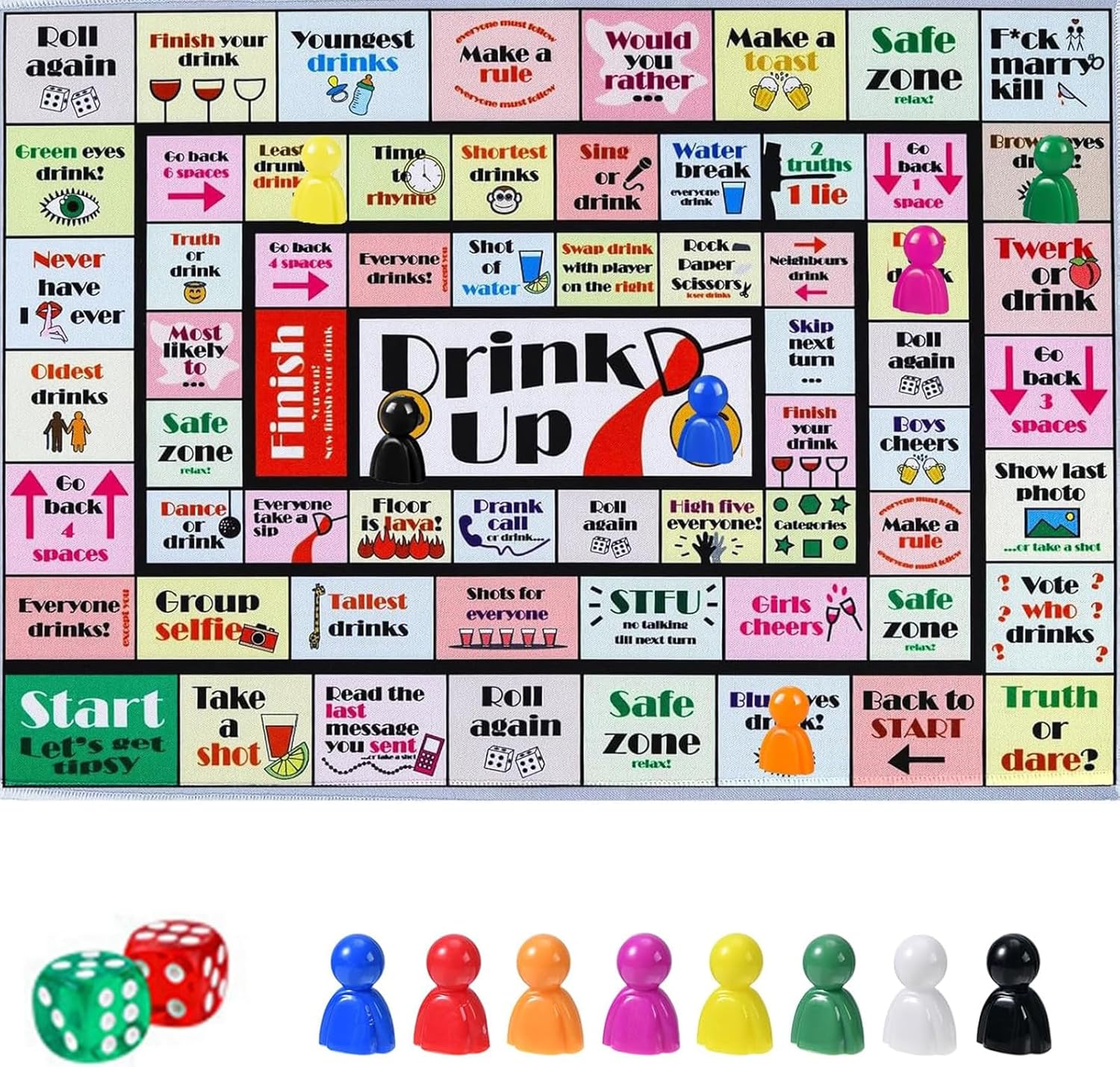 Drinking Board Games for Adults - Rubber Mat Drinking Board Game, Bachelorette Party Games, Birthday, Family Play or Any Occasion (Age 21+, 2-8 Players)