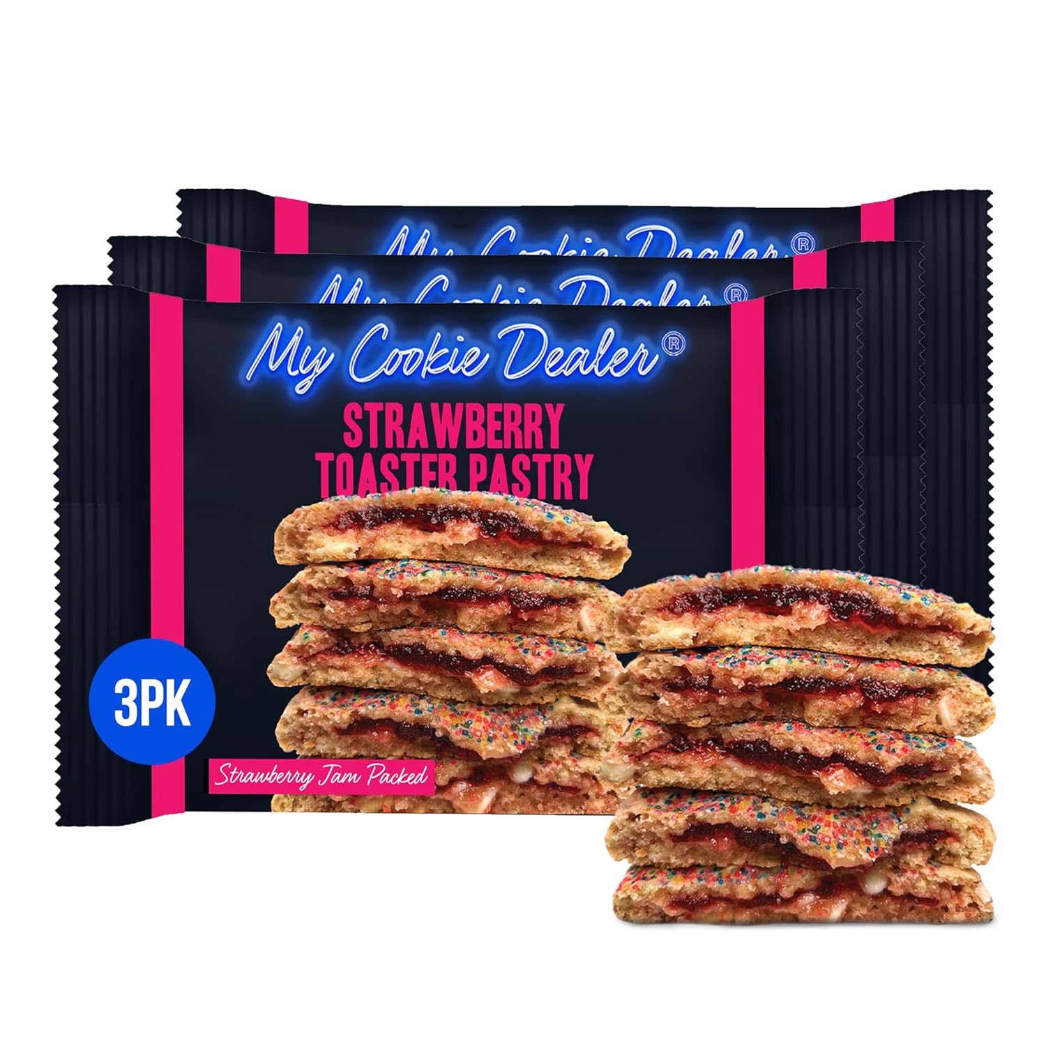 My Cookie Dealer Soft Baked Cookies, Strawberry Toaster Pastry (3-Pack, 4oz Cookie) - Strawberry Pop-Tarts & White Chip Batter, Filled with Strawberry Jam - Individually Wrapped Travel Snacks