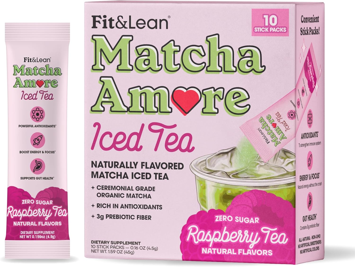 Fit & Lean Matcha Amore Iced Tea, Organic Ceremonial Grade Matcha Green Tea, Prebiotic Fiber, L-Theanine, Naturally Sweetened, NON-GMO, Zero Sugar, Raspberry Iced Tea, 10 Stick Packs