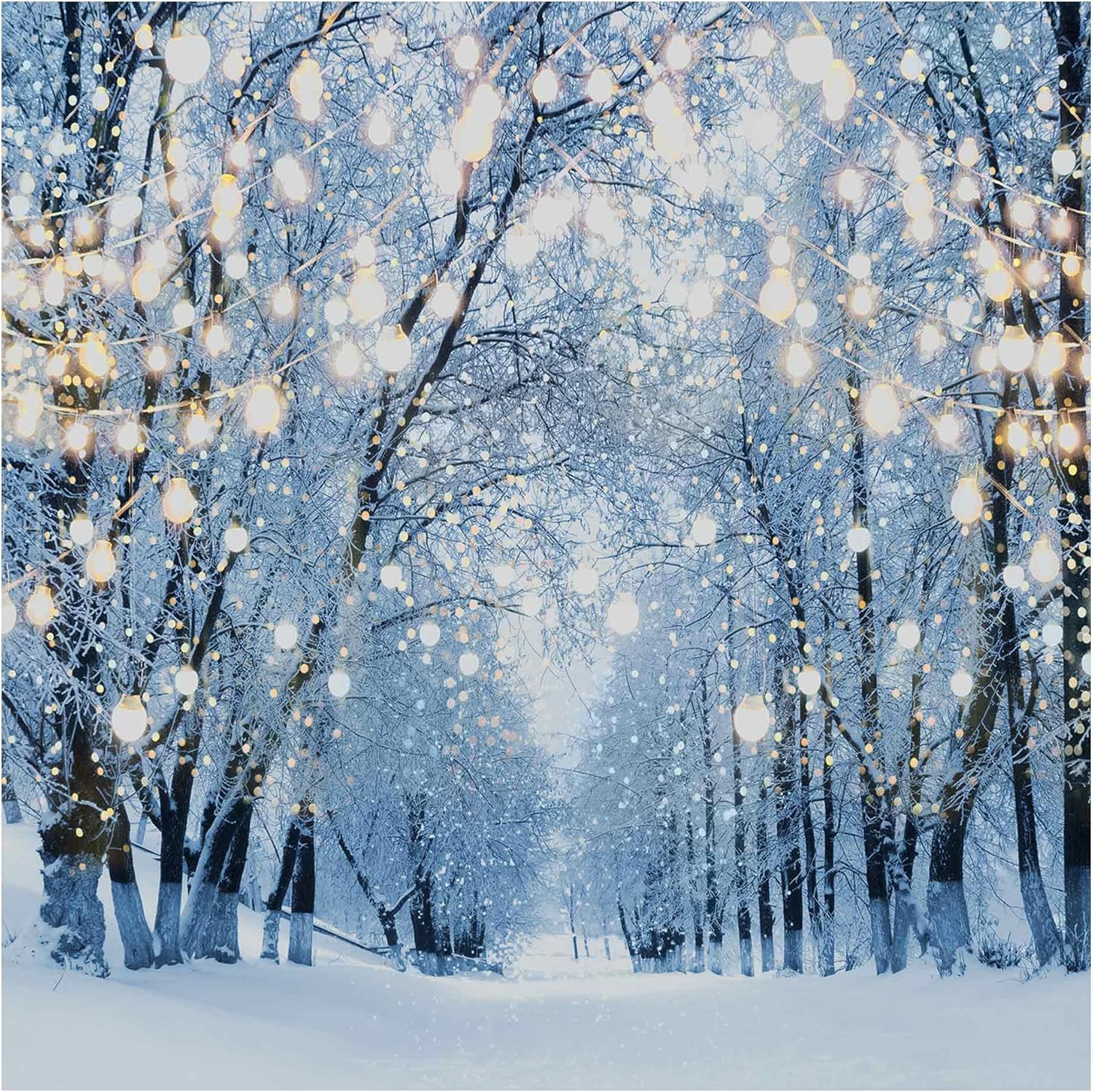 Allenjoy 6 x 6 FT Winter Forest Backdrop Wonderland Snowflake Photography Background Bokeh Glitter Snow Scene Christmas Party Decoration Tree Landscape Portrait for Photobooth Photo Studio