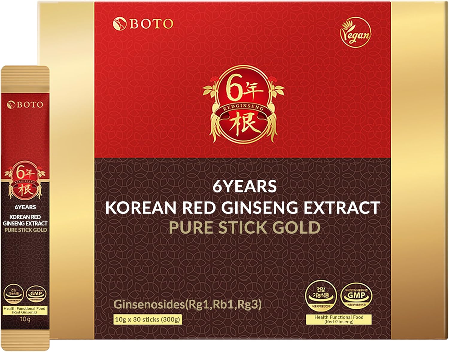 BOTO 6 Years Korean Red Ginseng Gold Extract Natural Energy Supplements Nitric Oxide Brain Natural Immune Support Liquid Portable Sticks 30 Sachet for 1 Month