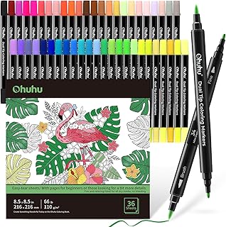 Ohuhu Markers Brush Tip 48-colors with 36-sheet Coloring Book - Double Tipped Markers for Adults Coloring Books - Art Marker Set Bundles with 100% Bleed-proof Coloring Pages - Fine & Brush Dual Tips