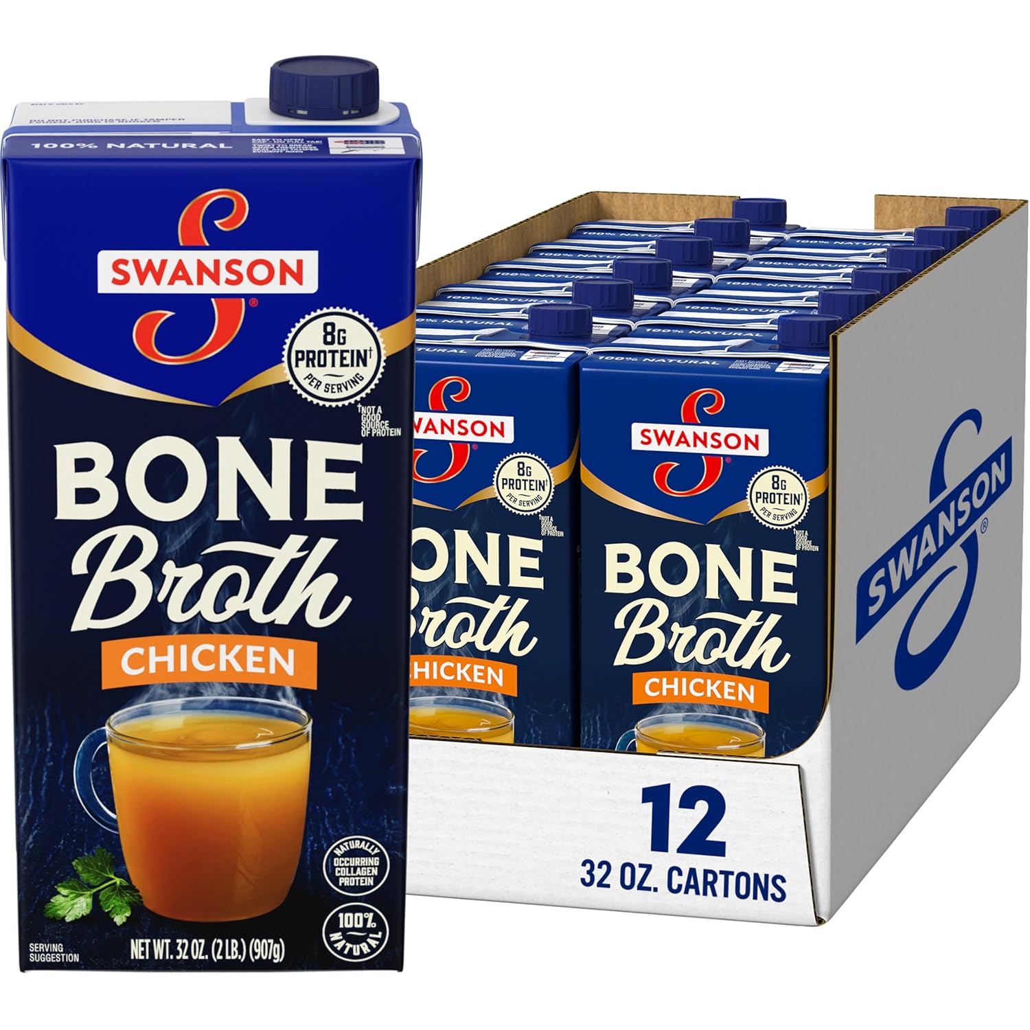 Swanson Chicken Bone Broth, 32 Ounce Resealable Carton (Pack of 12)