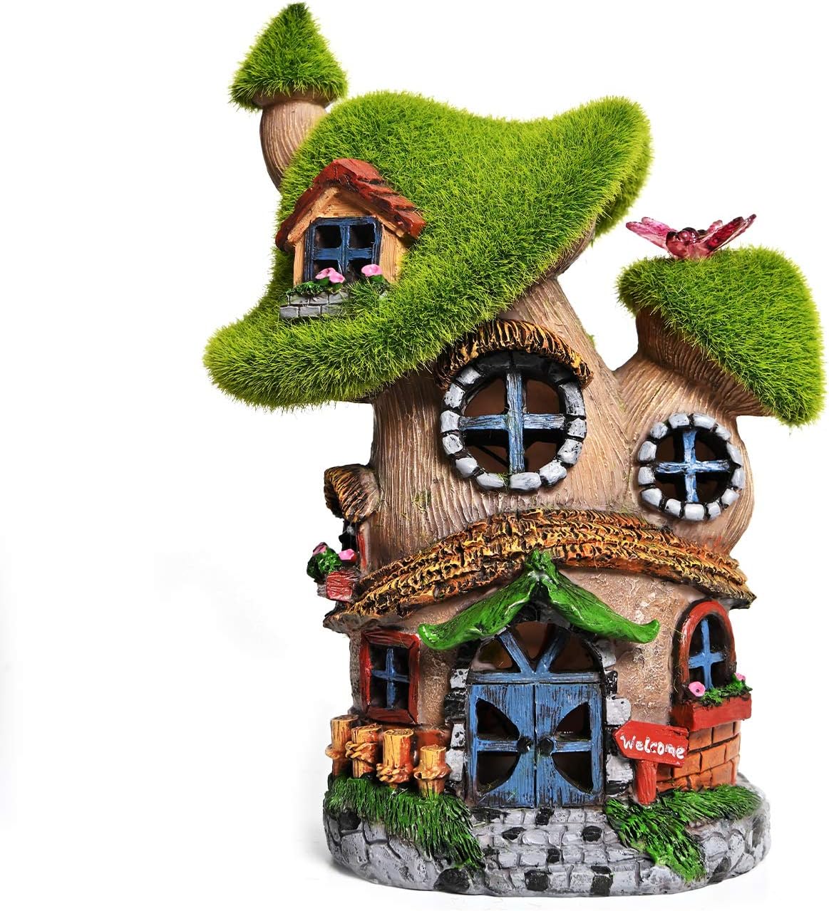 ASAWASA Flocked Mushroom Fairy Garden House with Solar Light,Funny Statue Sculptures for Garden Decor,Exquisite Cottage Figurines for Patio Lawn Yard Gift Decoration