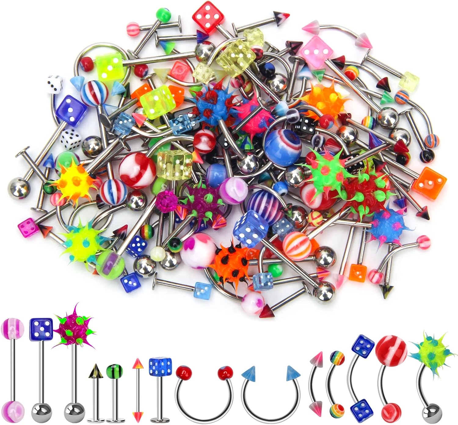 CrazyPiercing Lot of 110PCS Body Jewelry Piercing Eyebrow Navel Belly Tongue Lip Bar Ring
