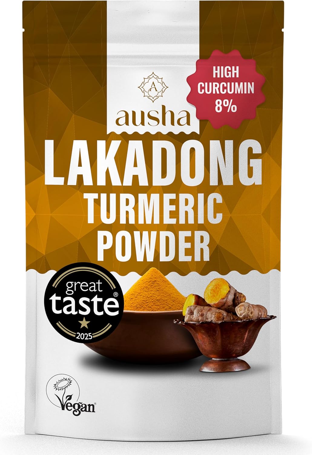 Ausha Lakadong Turmeric Root Powder 500g - 8-9% Curcumin - 1* GREAT TASTE AWARD 2025 - Joint pain relief - Use in Cooking, Turmeric Latte Powder, Tea - GREAT TASTE PRODUCER