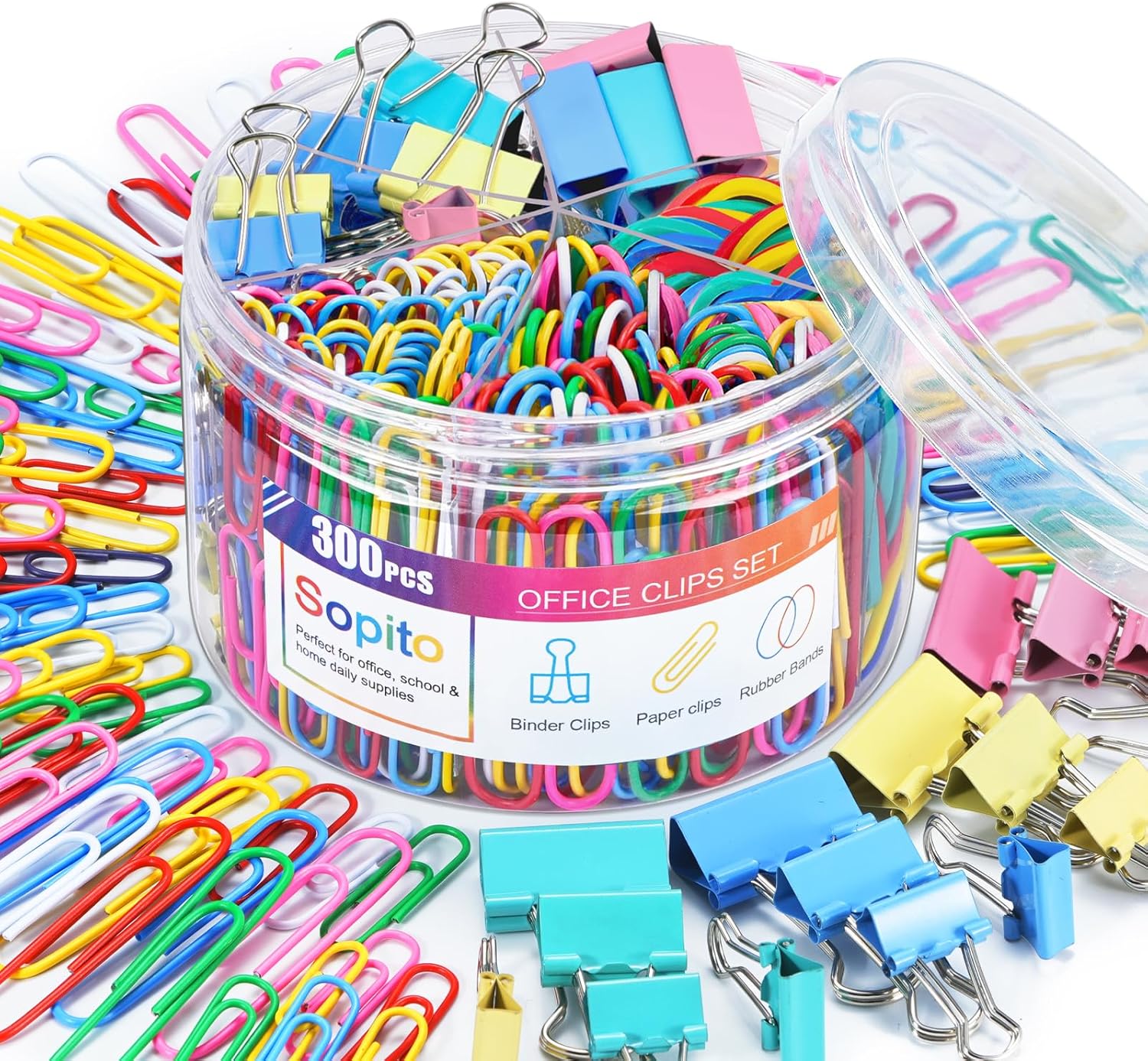 Paper Clips, Sopito 300pcs Paperclips Binder Clips Assorted Sizes (S/M/L) and Rubber Bands, Colored Office Supplies Set College School Supplies