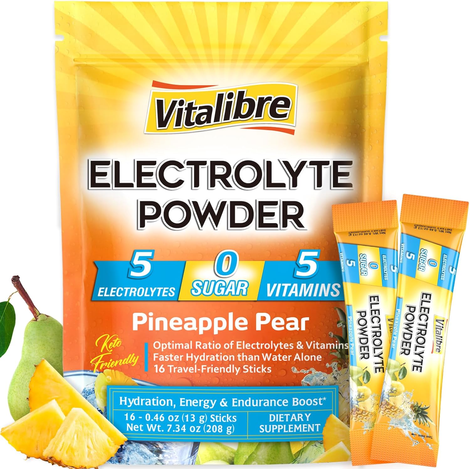 Electrolytes Powder Packets | Magnesium, Potassium, Sodium, Vitamin C | for Rapid Hydration | Zero Sugar & Keto | 16 Stick Packs | Pineapple Pear Flavor