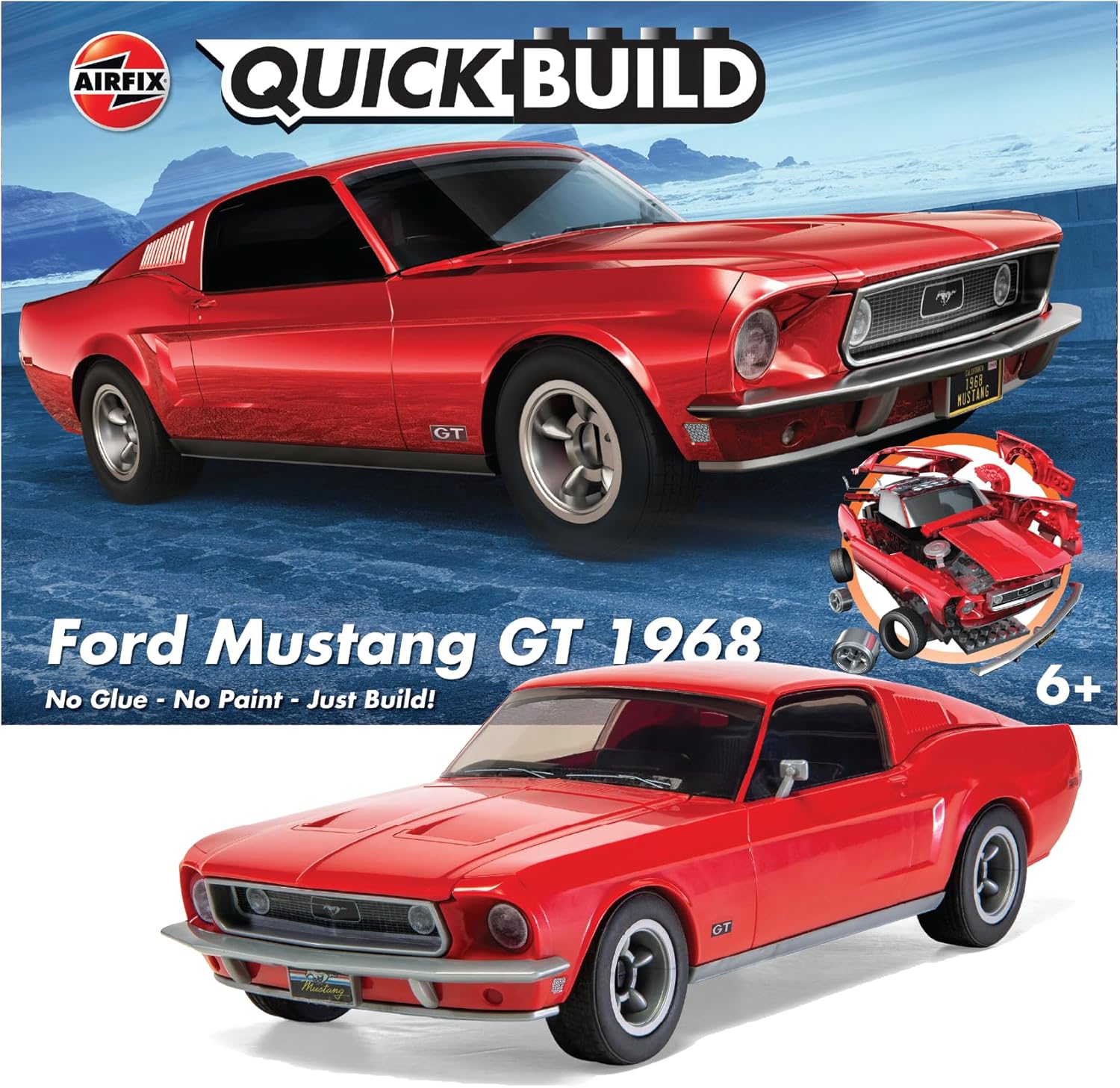 Airfix QUICKBUILD Model Car Kit - Ford Mustang GT 1968 Red Car Building Kit for Kids 6+, Construction Toys for Boys & Girls, No Glue Model Making - Classic Car Gifts Plastic Model Kits