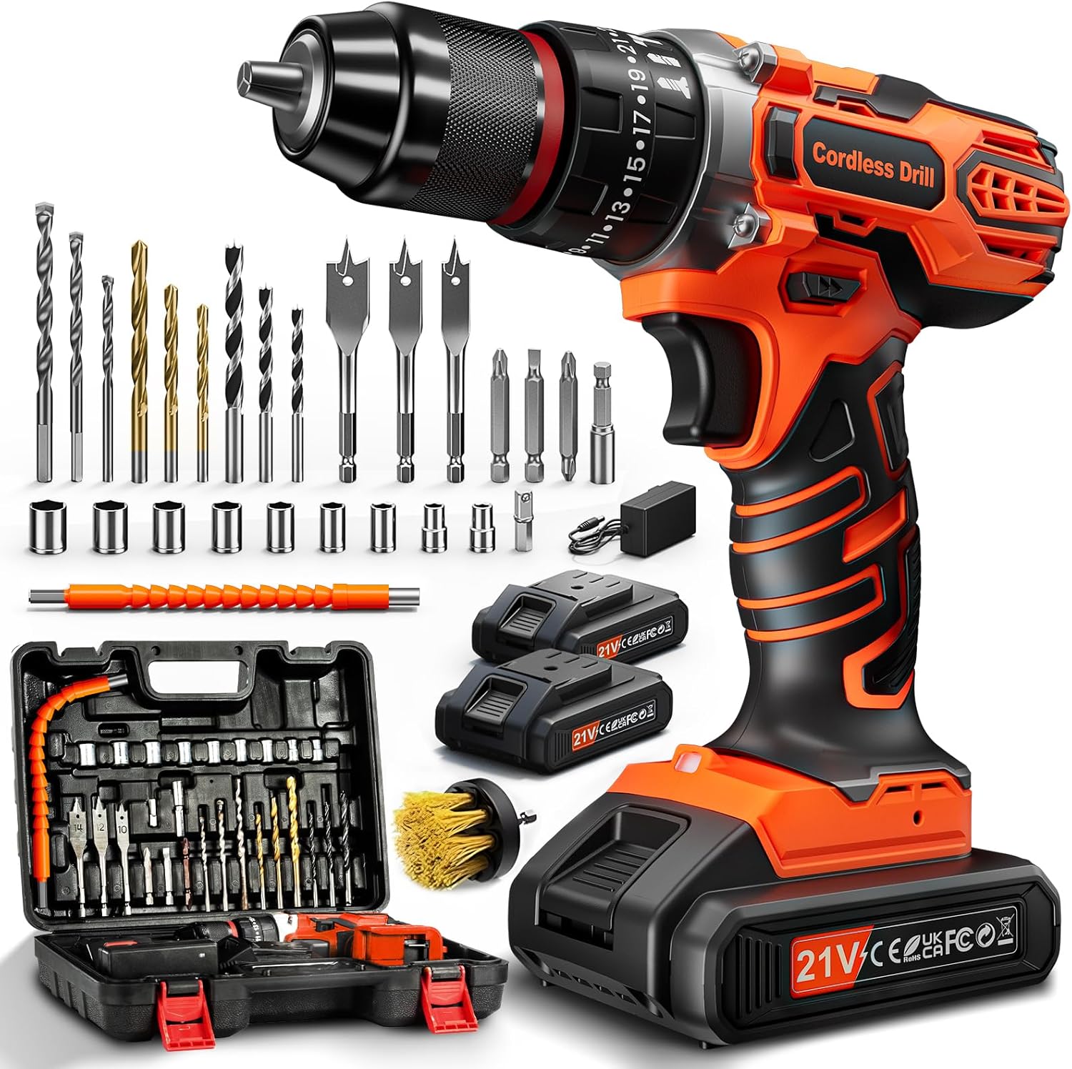 FAHEFANA 21V Cordless Hammer Drill with 2 Batteries 2.0Ah, 25+3 Nm Torque, 2-Speed Electric Impact Screwdriver Set, LED Light Combi Drill, Power Tools for Home and Garden (Orange)