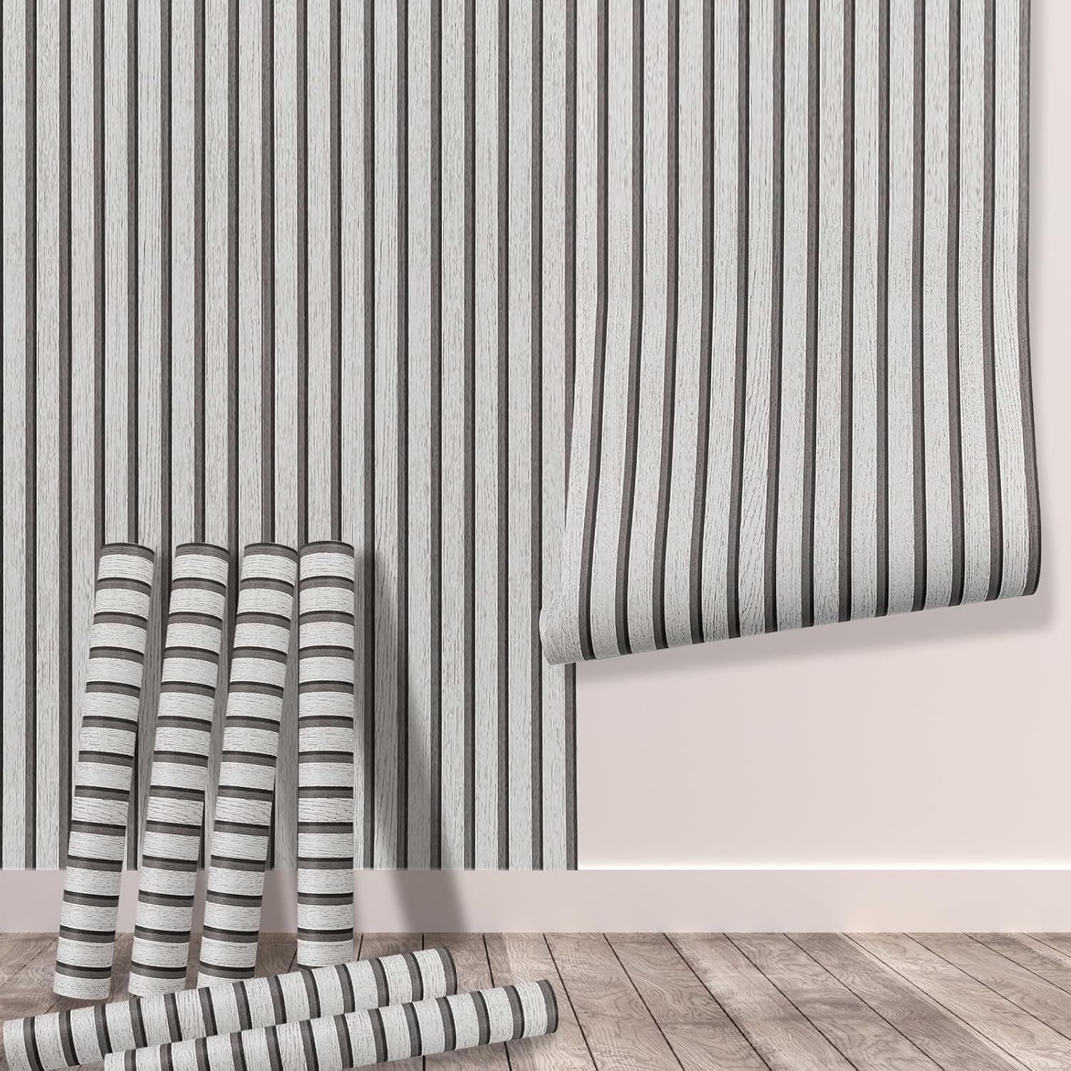 Tarwanear Wood Effect Wallpaper Wood Slat Wallpaper 6 Rolls(30.18m²) Grey Wooden Slat Effect Wall Paper Natural Wooden Slatted Roll for Living Room Bedroom Office Front Desk Feature Wall