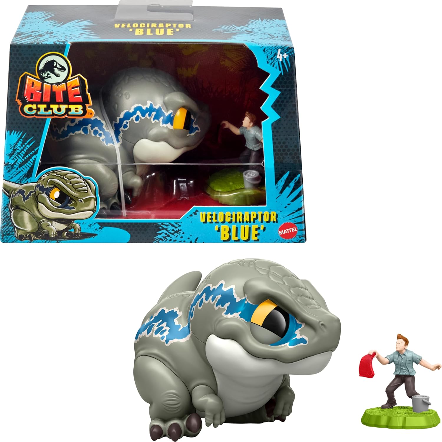Mattel Jurassic World Bite Club Dinosaur Action Figure & Accessory, Velociraptor 'Blue' Chubby-Stylized Toy Dino Collectible