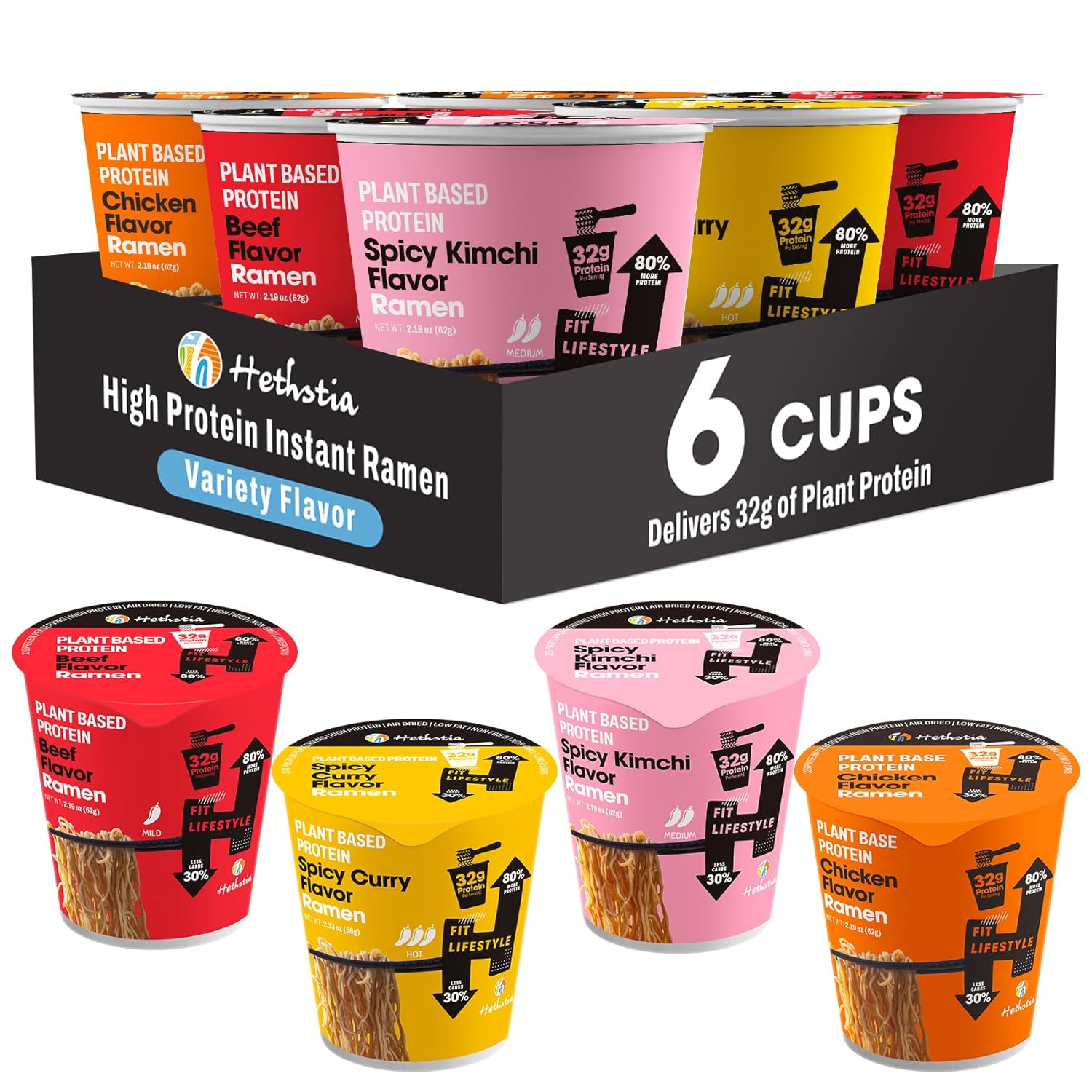 Hethstia High Protein Ramen Variety Pack, 6-Pack Instant Vegan Noodle Soup Cups – Chicken, Beef, Spicy Curry, Kimchi – 32g Plant Protein, Non-Fried, Low Fat, Healthy Quick Meal