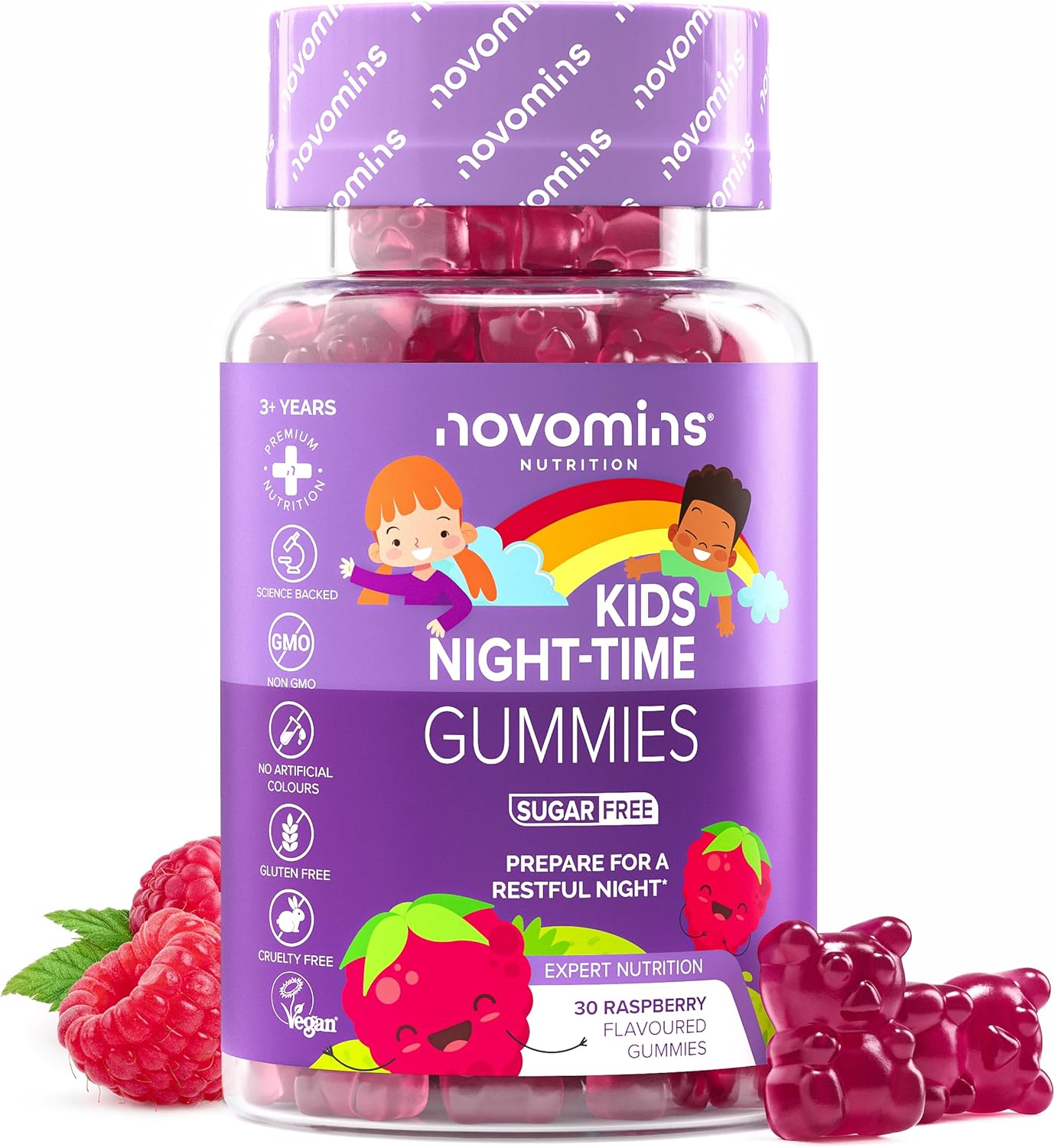 Kids Night-Time Gummies - 30 Gummies - Magnesium, L-Theanine, Vitamin B Complex - Vegan & Gluten-Free - Suitable for Ages 3+ - Novomins