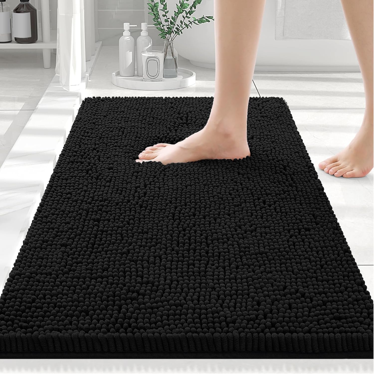 Smiry Luxury Chenille Bathroom Rugs 24x16, Extra Soft and Absorbent Shaggy Bath Mat, Machine Washable, Non-Slip Plush Carpet Runner for Tub, Shower, and Floor, Home Decor Accessories, Black