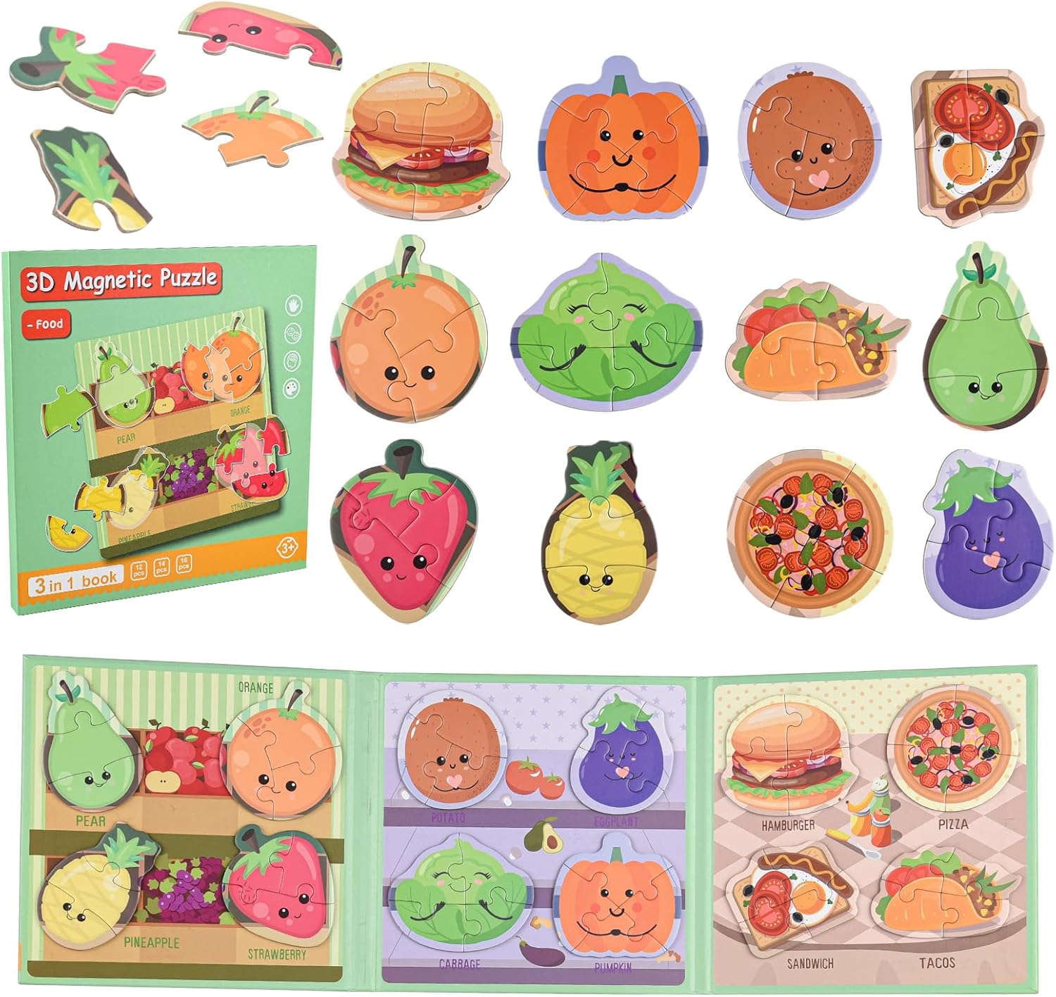 ASTARON Magnetic Puzzle with 80 Puffy Stickers for Toddlers, 42 Pieces 3-in-1 Food Puzzles Preschool Education Learning Travel Toys Car Plane Activities For Kids Road Trip Birthday Gifts