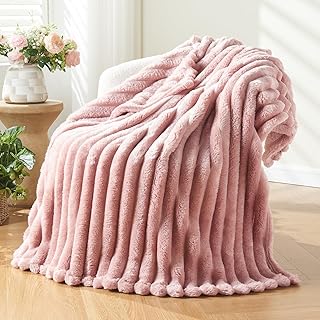 NEWCOSPLAY Super Soft Throw Blanket Pink Premium Silky Flannel Fleece 3D Ribbed Jacquard Lightweight Bed Blanket All Season Use (Pink Ribbed, Throw(50"x60"))