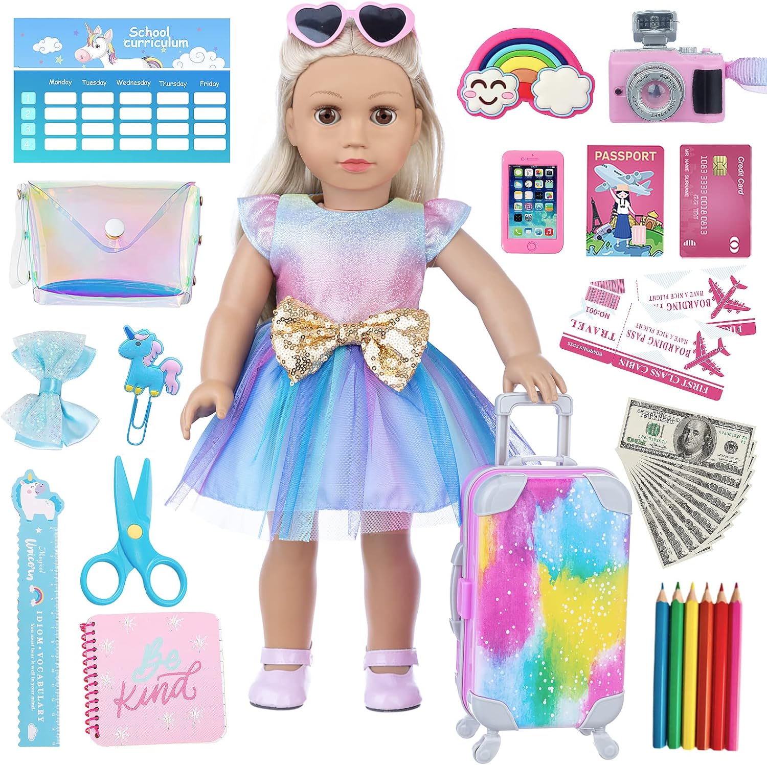 32 pcs American Doll Clothes and Accessories 18 Inch Doll Luggage and School Play Set - Suitcase, School Sets, Camera, Handbag, Sungalsses