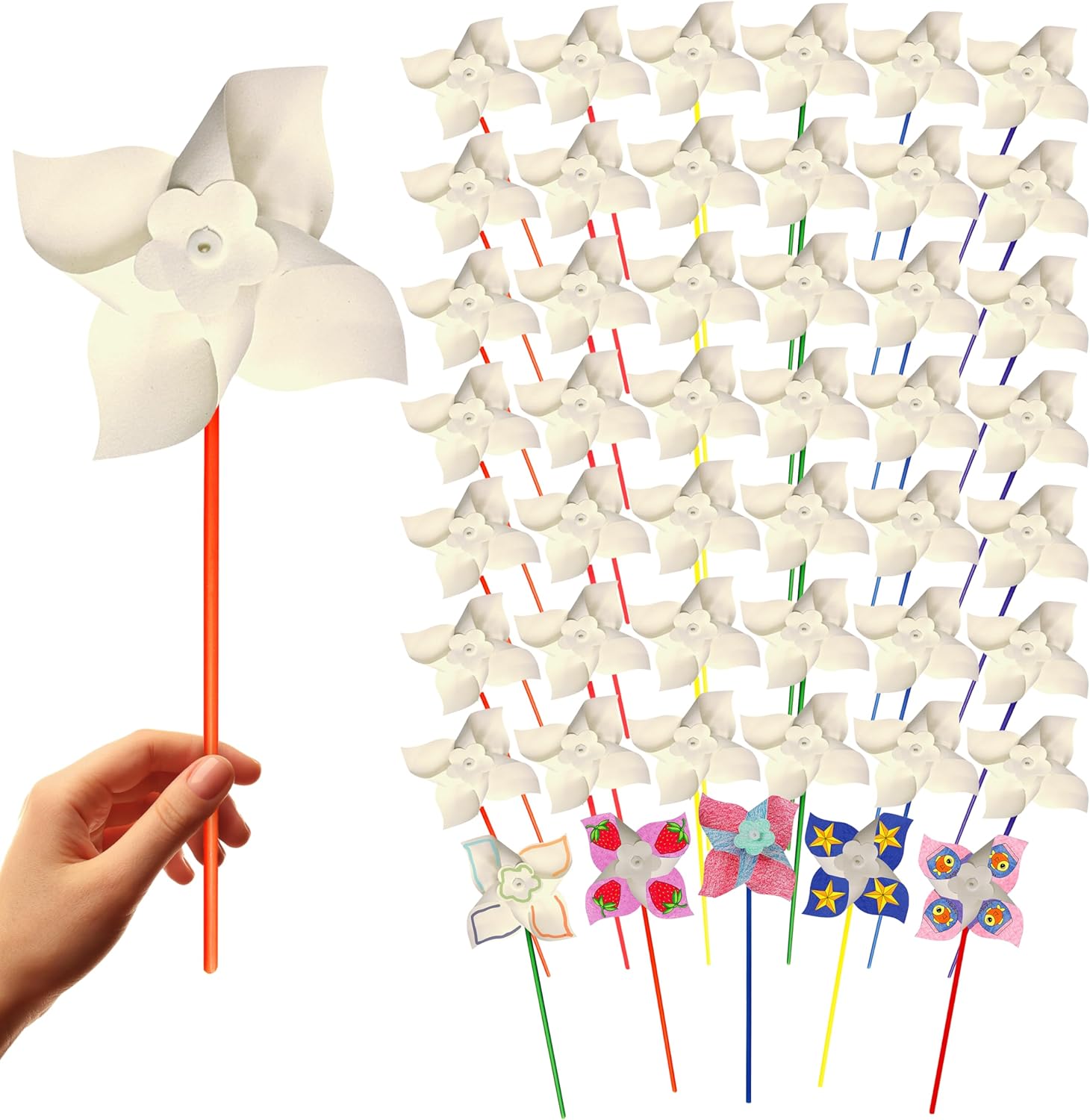 4E's Novelty 24 Pack DIY Pinwheels Craft for Kids, Bulk Summer Pinwheel Craft Kit, Color Your Own Paper Windmill for Pinwheels for Kids July 4 Party, Bulk Pinwheel for Spring Art and Creativity