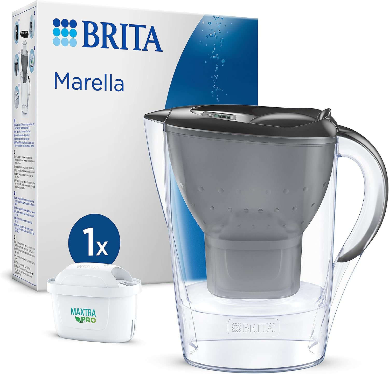 BRITA Marella Water Filter Jug Graphite (2.4L) incl. 1x MAXTRA PRO Pure Performance cartridge - fridge-fitting jug with digital LTI and Flip-Lid - now in sustainable Smart Box packaging