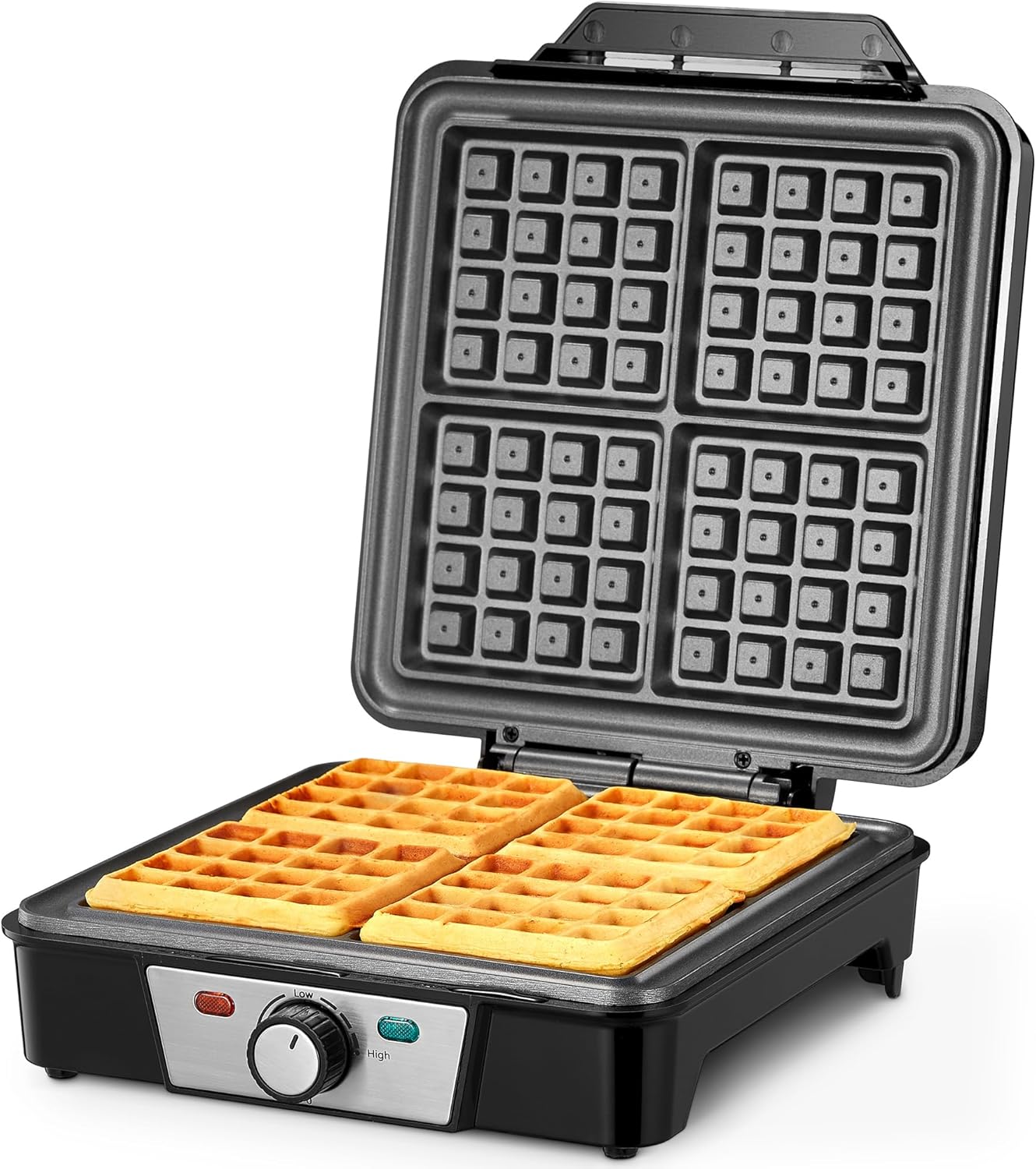 Belgian Waffle Maker 4 Slices, 1200W Waffle Iron, Anti-Overflow Waffle Iron with Browning Knob, Nonstick Plates, Indicator Lights, Silver/Black