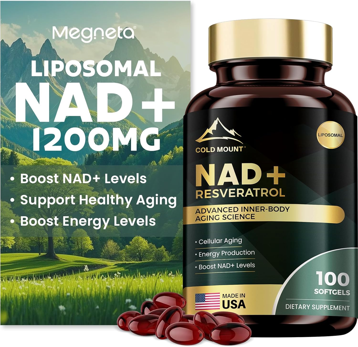 Liposomal NAD+ Supplement 1200mg with Trans Resveratrol - Boost NAD+ Levels, Energy & Anti-Aging Support - Vegan, 100 Softgels