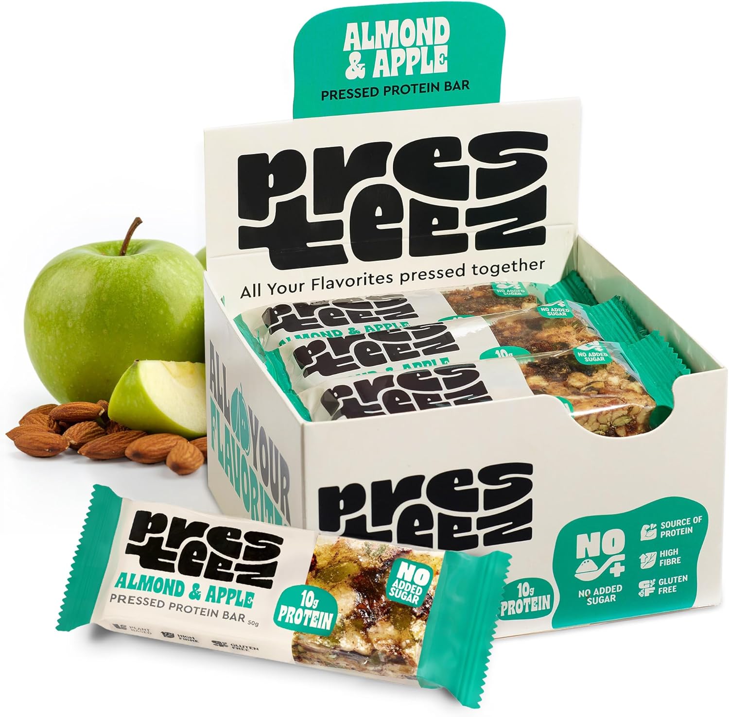 Presteez Almond & Apple Protein Enhanced Energy Bars - High Fibre Gut Friendly Healthy Snacks, 10g Protein, 7g Fibre, No Added Sugar, Gluten Free Snacks, 50g, 12 Pack