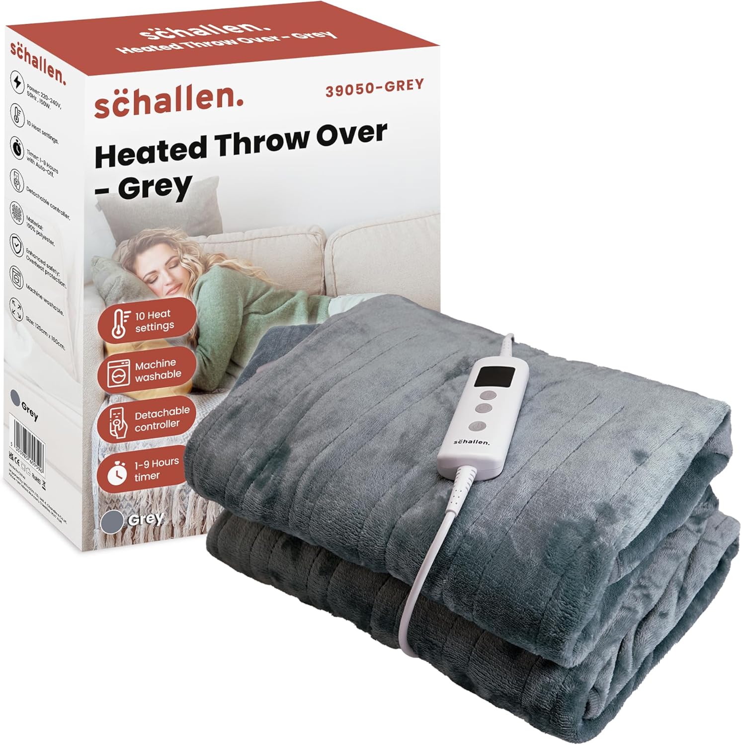 Schallen Grey Soft Heated Warm Throw Over Blanket with Timer and 10 Heat Settings 120x160cm