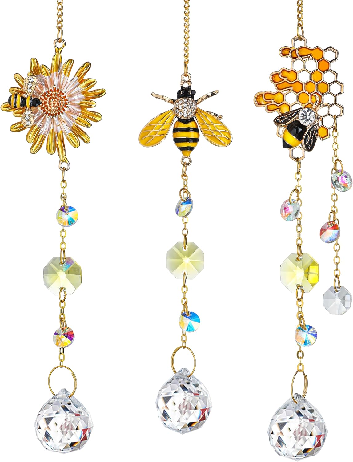 H&D HYALINE & DORA 3 Pack Sun Catcher Crystal Honeycomb Bee Ornaments Crystals Bumble Bee Honeycomb with Glass Prisms Decor Garden Suncatcher Window Hanging Gifts for Women,Bee Lovers