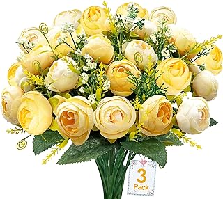 TURNMEON 30 Heads Dual Color Roses Artificial Flowers, 3 Bundles Fake Flowers for Home Decor Fake Roses Silk Faux Flowers Camellia Flower Wedding Bouquet Party Table Office Indoor Outdoor(Champagne)