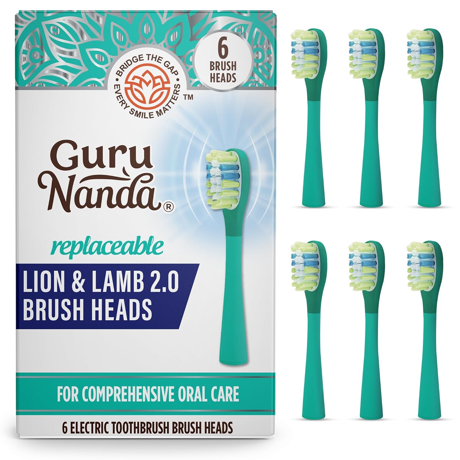GuruNanda Lion & Lamb 2.0 Replacement Brush Head (Pack of 6), Round-Ended, Soft Bristles to Help with Plaque Control, BPA-Free, IPX7 Waterproof