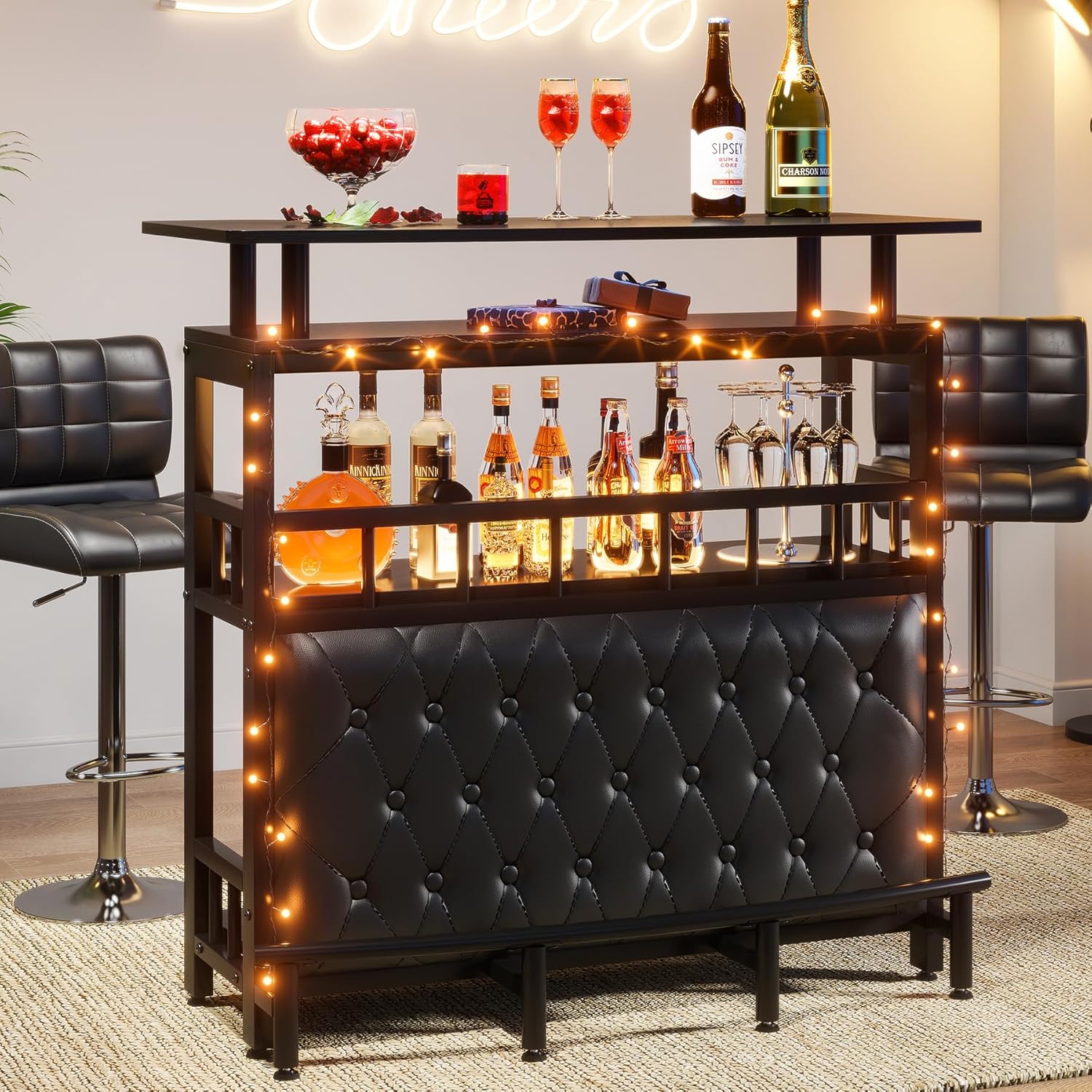 Tribesigns Home Bar Unit for Liquor, 44-Inch Bar Height Table with Storage, Black Entertainment Pub Table, Mini Bar Carts Upholstered&Metal Front Footrest for Kitchen, Balcony, Basement