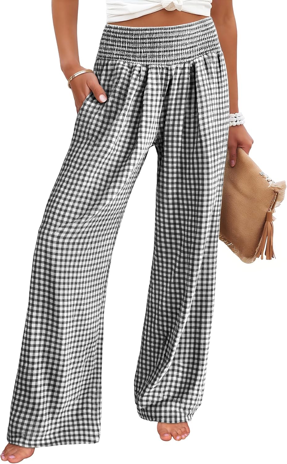ANRABESS Womens Striped Gingham Palazzo Pants Wide Leg High Waisted Lounge Pajama Pants Cute Casual Trousers with Pockets
