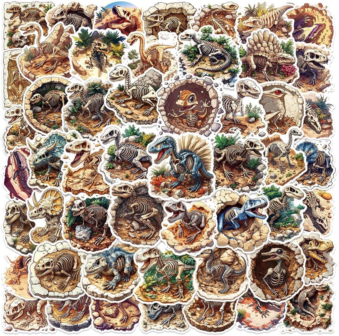 50 Pcs Dinosaur Fossils Stickers for Guitar,Water Bottles,Phone,Skateboard,Luggage,Cartoon Dinosaur Cute Style Stickers Waterproof Vinyl,Graffiti Decorate for Teens Girls Children Motivate Gift