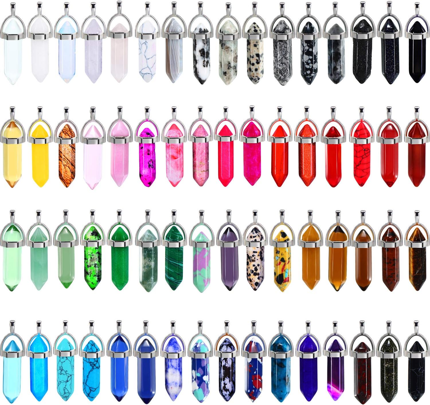 Bullet Shape Gemstone Pendant Hexagonal Chakra Crystal Pointed Quartz Pendants Artificial Stone with Storage Bag (64 Pieces)