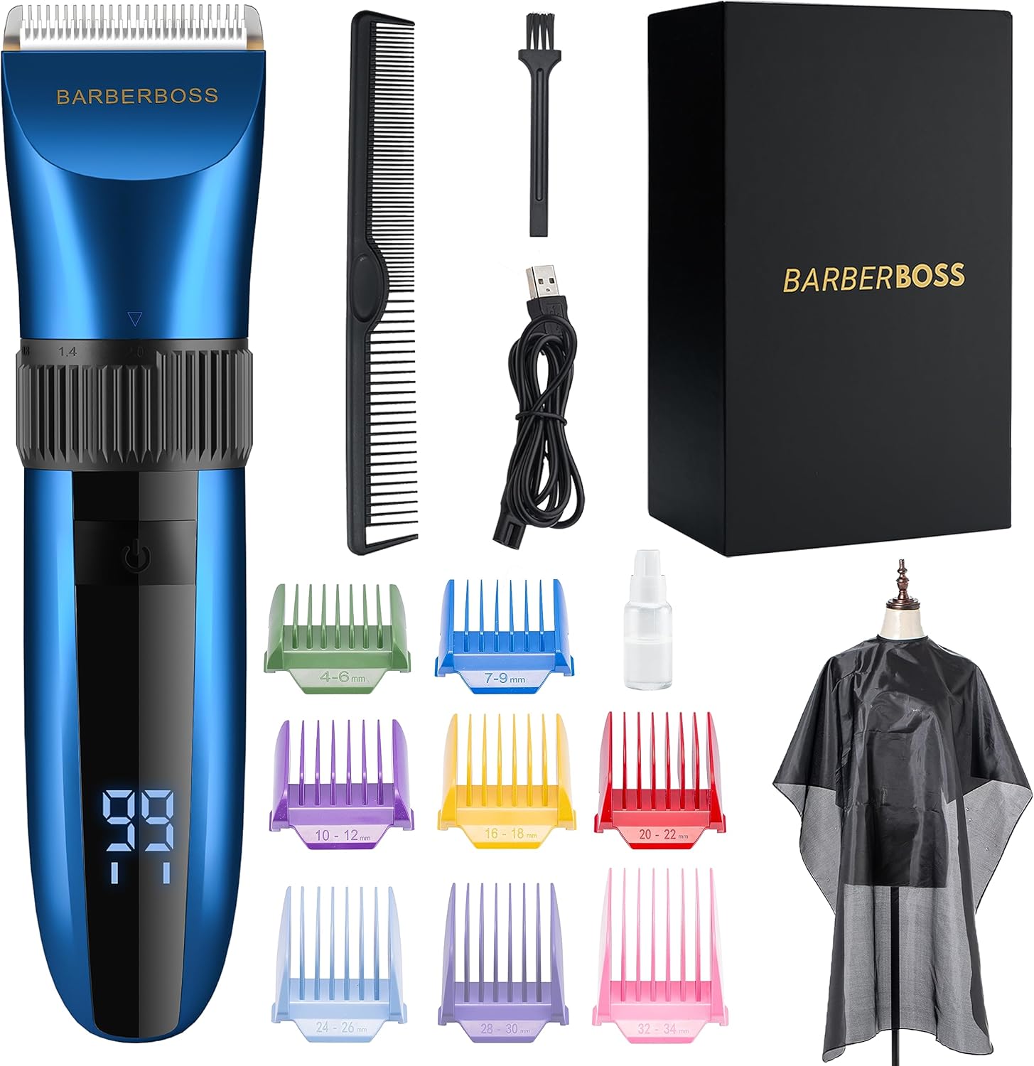 BarberBoss Cordless Self-Sharpening Beard & Hair Trimmer - Waterproof with Ceramic Blades, LED Display, Fast Charging, and 8 Color Comb Attachments QR-2082