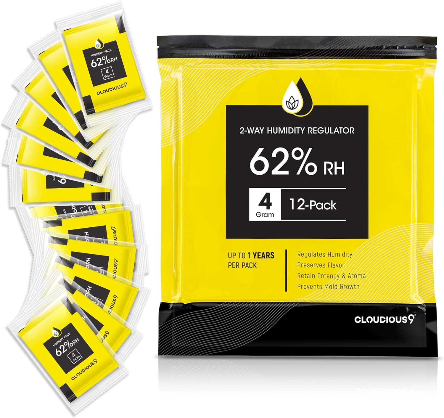 Cloudious9-62% 2-Way Humidity Pack Regulator 4 Gram - 12 Count 4 Gram Pack for Humidors Herb Flower - Individually Sealed Bag – Solution for Convenient Humidification