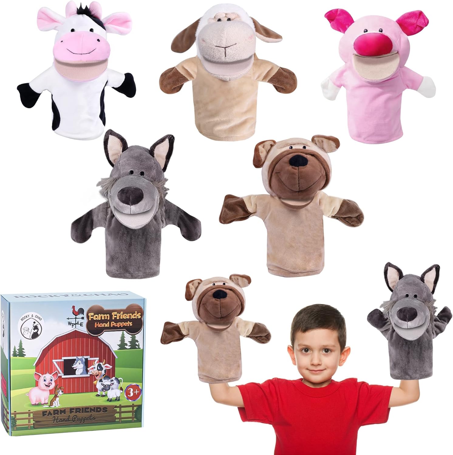 Animal Hand Puppets Gift Box Farm Theme Puppets Toys Set Puppet Theatre with Movable Open Mouth Plush Pretend Toys Zoo Friends for Kids Children Role-Play, Preschool, Storytelling