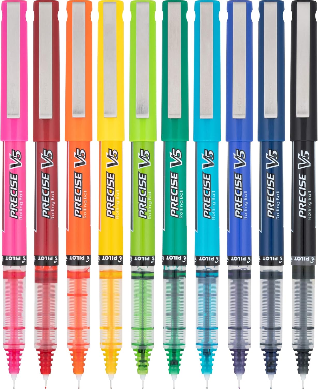 Pilot Precise V5 Capped Liquid Ink Rollerball Pens, Extra Fine Point Ink Pens 0.5 mm, Colored, Assorted Colors, Pack of 10 - Ideal for School, Journaling, & Office Writing