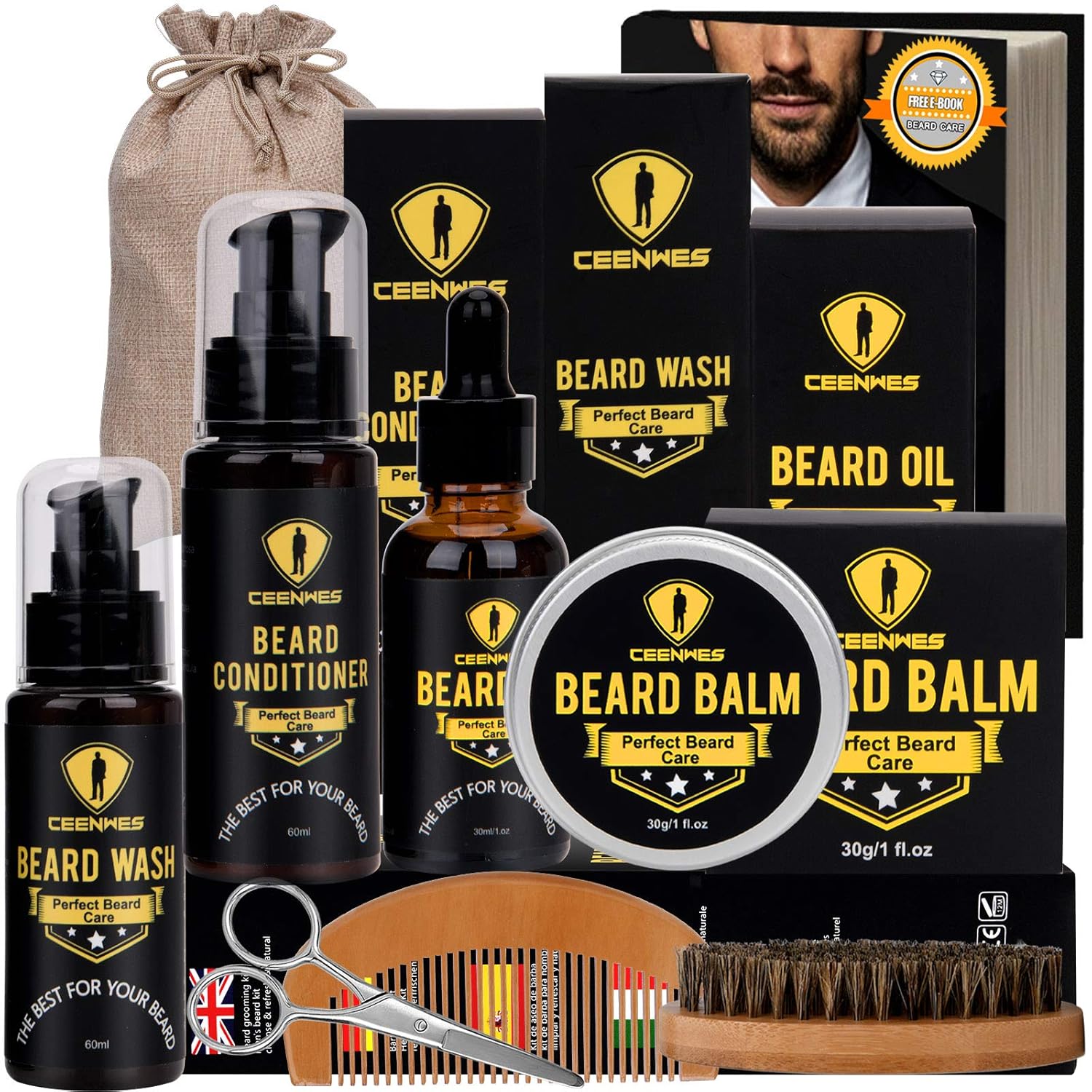 Ceenwes Upgraded Beard Grooming Kit - Conditioner, Oil, Brush, Comb, Balm, Scissors, Storage Bag for Beard and Mustache Trimming, Perfect Men's Gift