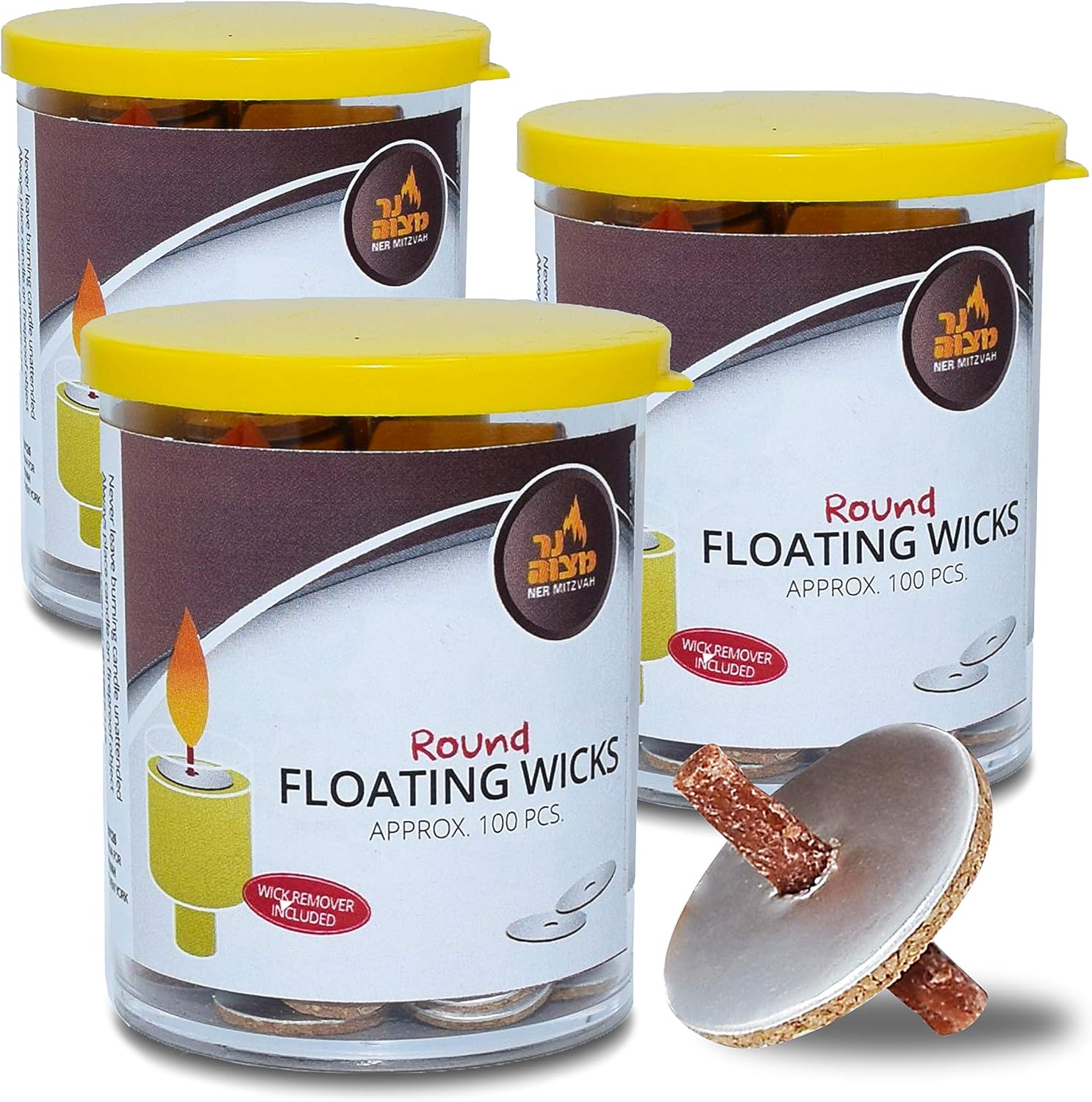Round Floating Wicks - 300 Count Tub (Approx.), Cotton Wicks and Cork Disc Holders for Oil Cups - Bonus Wick Removal Tweezers - by Ner Mitzvah