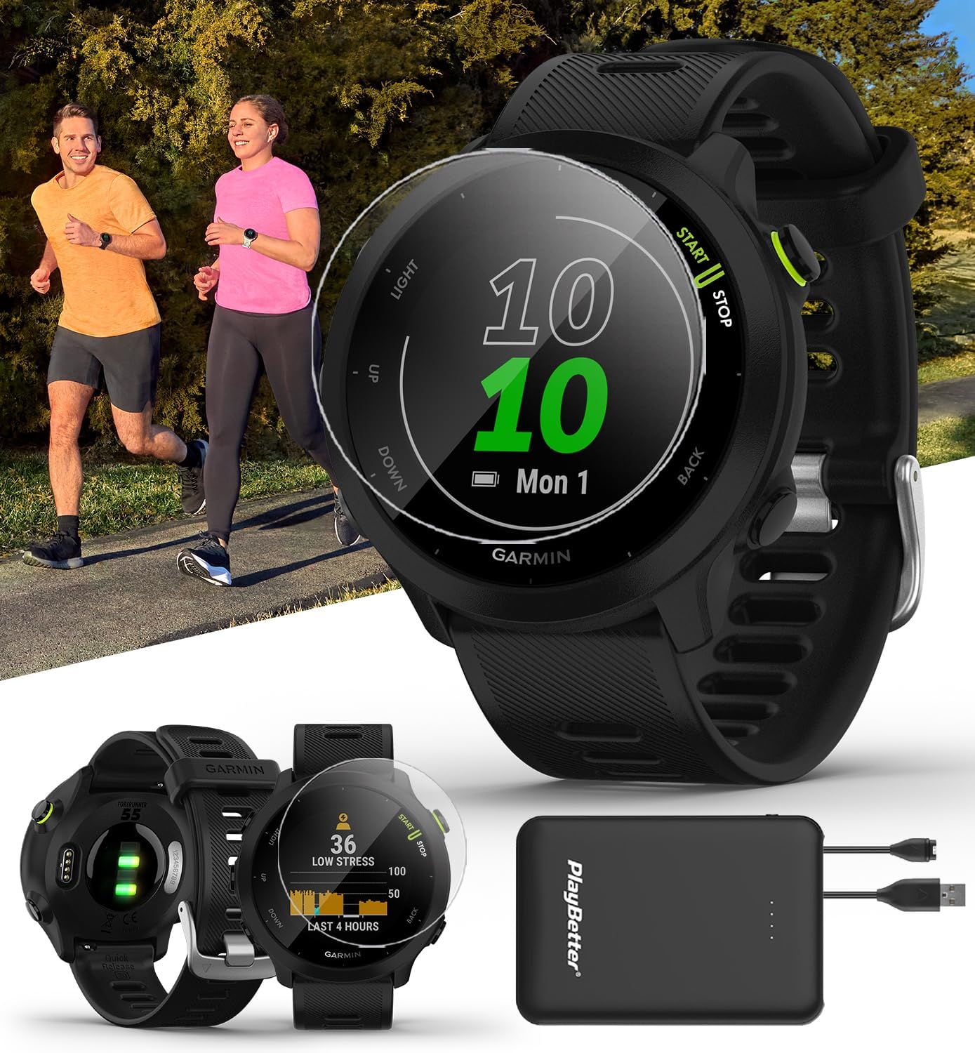 PlayBetter Garmin Forerunner 55 (Black) GPS Running Watch | Beginner Friendly Heart Rate Monitor Watch with Time, Pace & Speed Tracker | Power Bundle Tempered Glass Protectors & Portable Charger